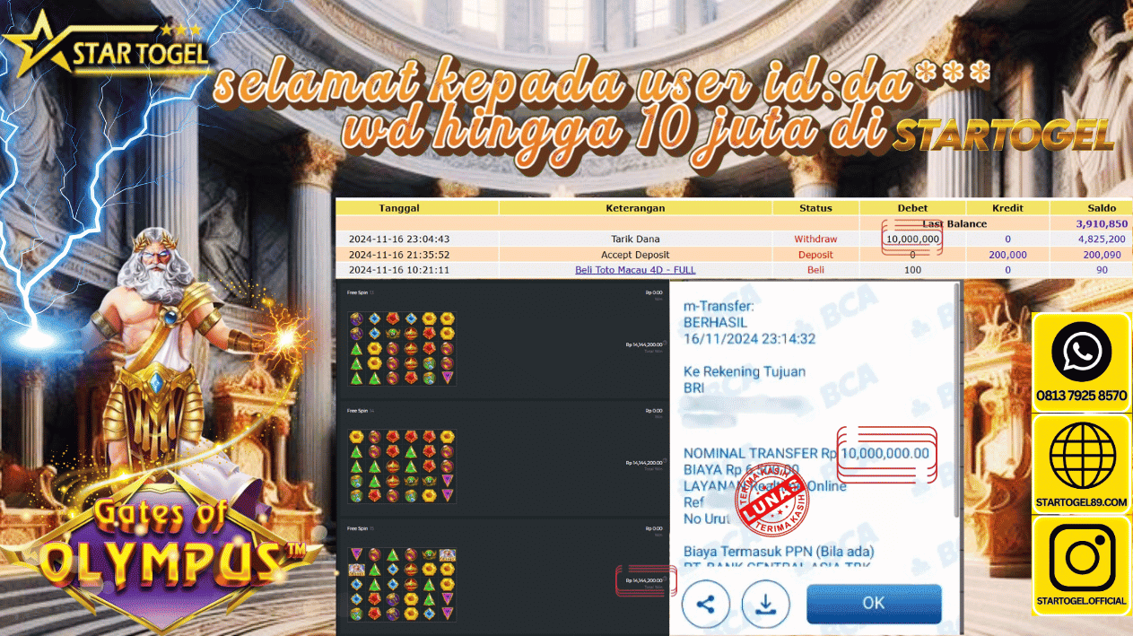 JACKPOT SLOT GATES OF OLYMPUS HINGGA 10 JUTA, 17 NOVEMBER 2024