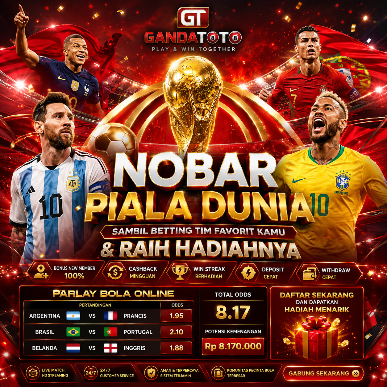 Thumbnail 1 of 3, Poster, GANDATOTO # Nobar Piala Dunia Sambil Betting Tim Favorit Kamu & Raih Hadiahnya designed and sold by GANDATOTO.