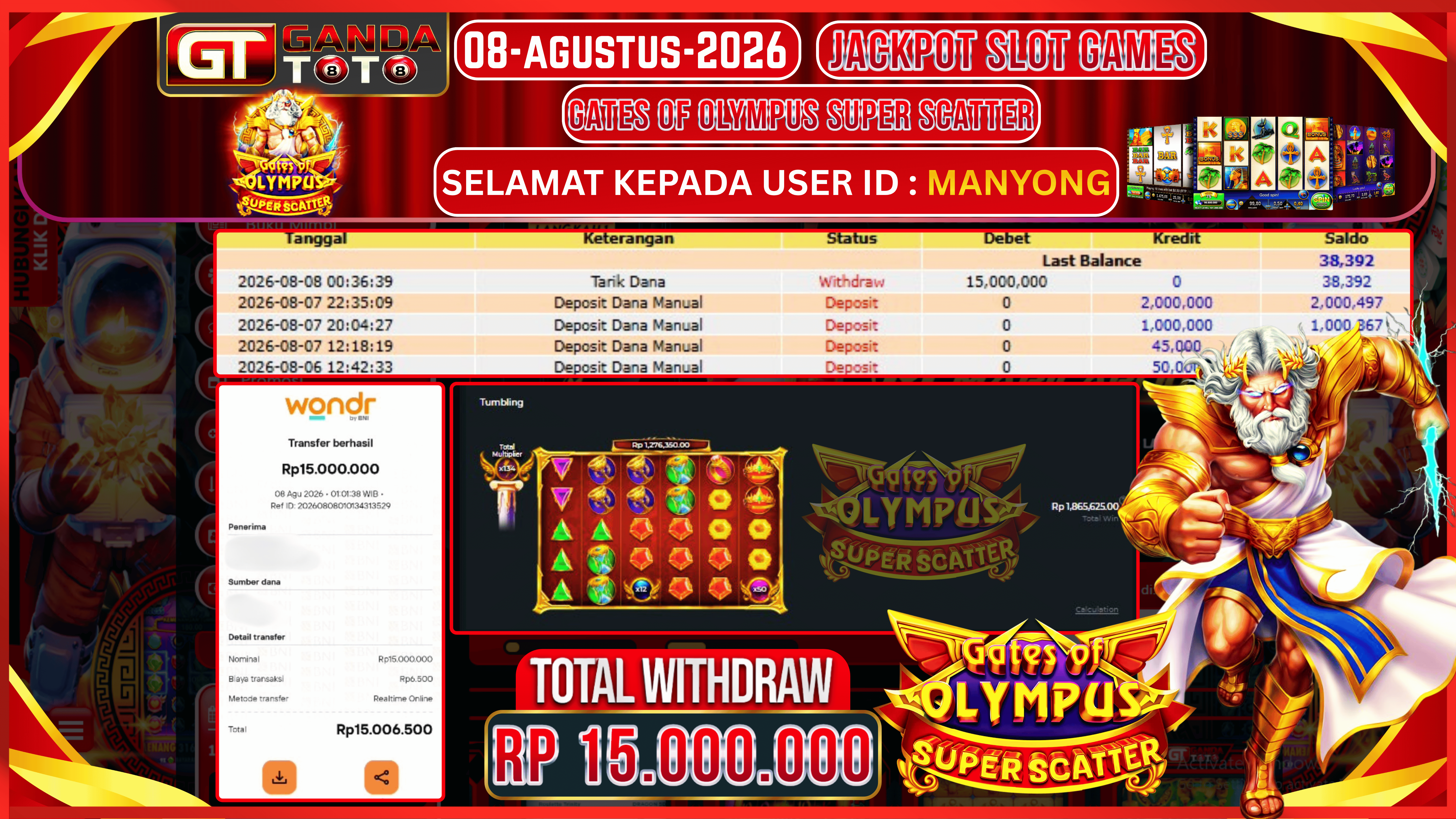 JACKPOT SLOT GATES OF OLYMPUS SUPER SCATTER HINGGA 15 JUTA, 08 AGUSTUS 2026