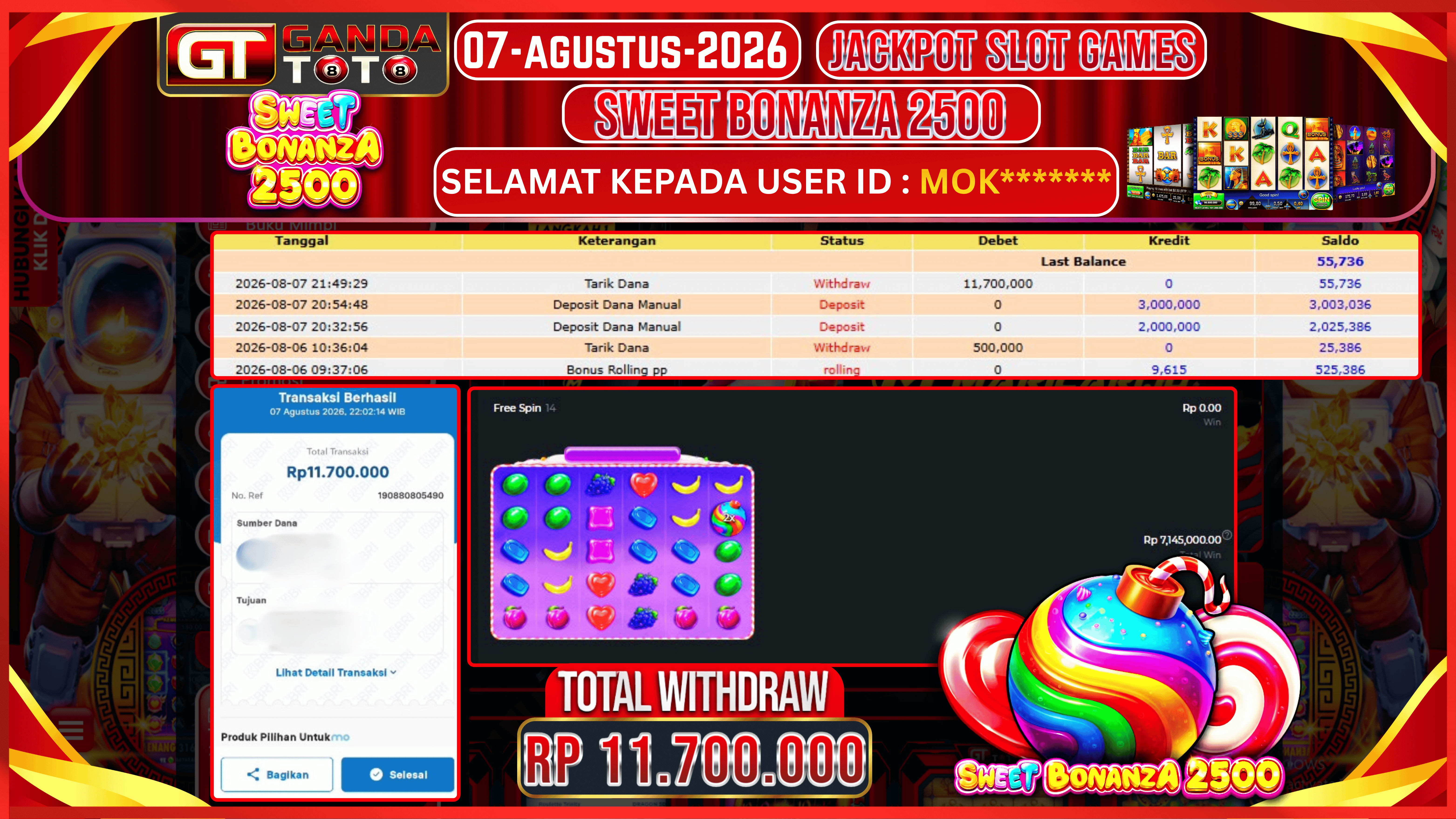 JACKPOT SLOT SWEET BONANZA 2500 HINGGA 11.7 JUTA, 07 AGUSTUS 2026