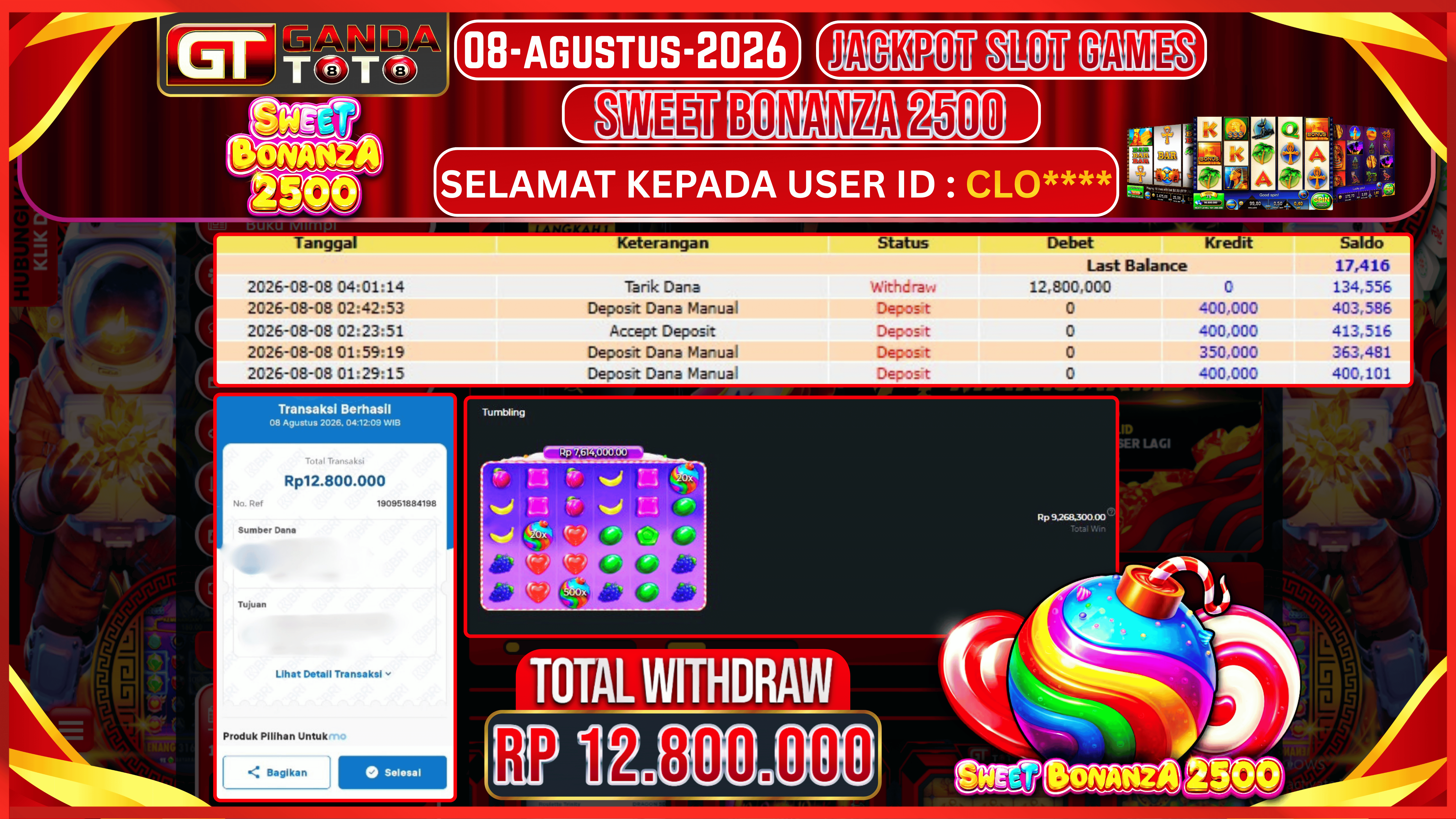 JACKPOT SLOT SWEET BONANZA 2500 HINGGA 12.8 JUTA, 08 AGUSTUS 2026