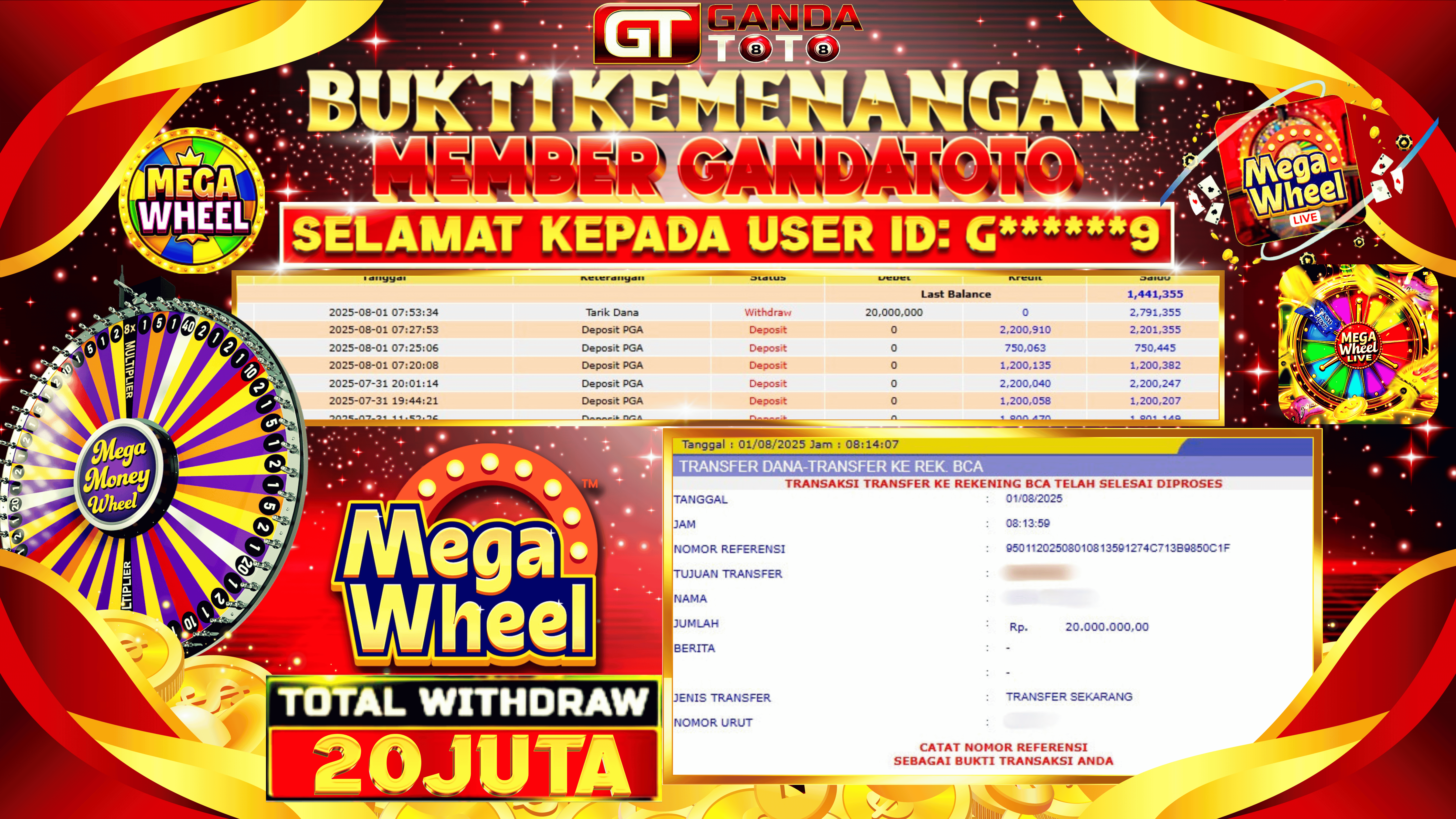 JACKPOT LIVE GAME MEGA WHEEL HINGGA 20 JUTA, 01 AGUSTUS 2025