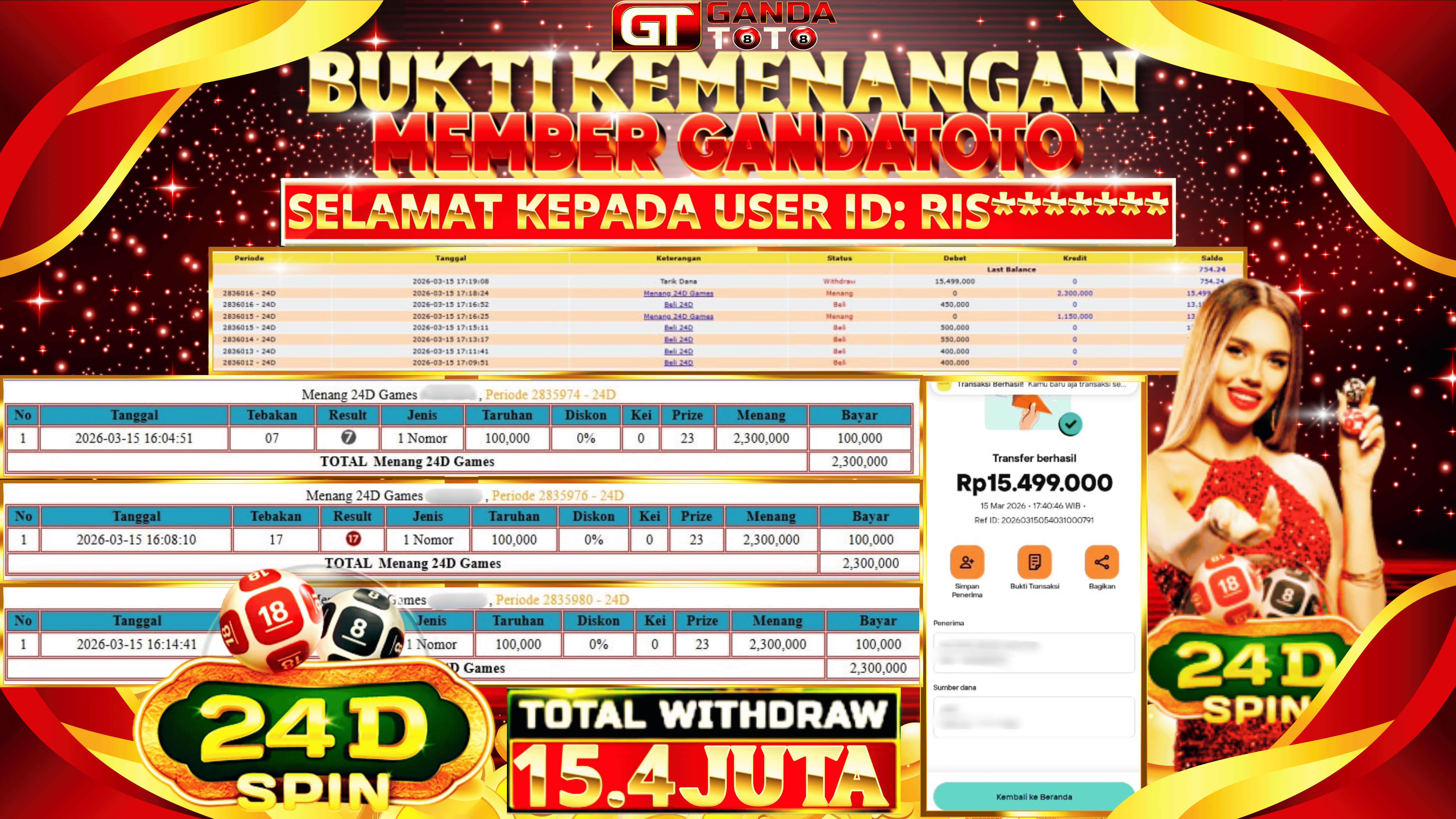 JACKPOT LIVE CASINO 24D SPIN HINGGA 15.4 JUTA, 17 MARET 2026
