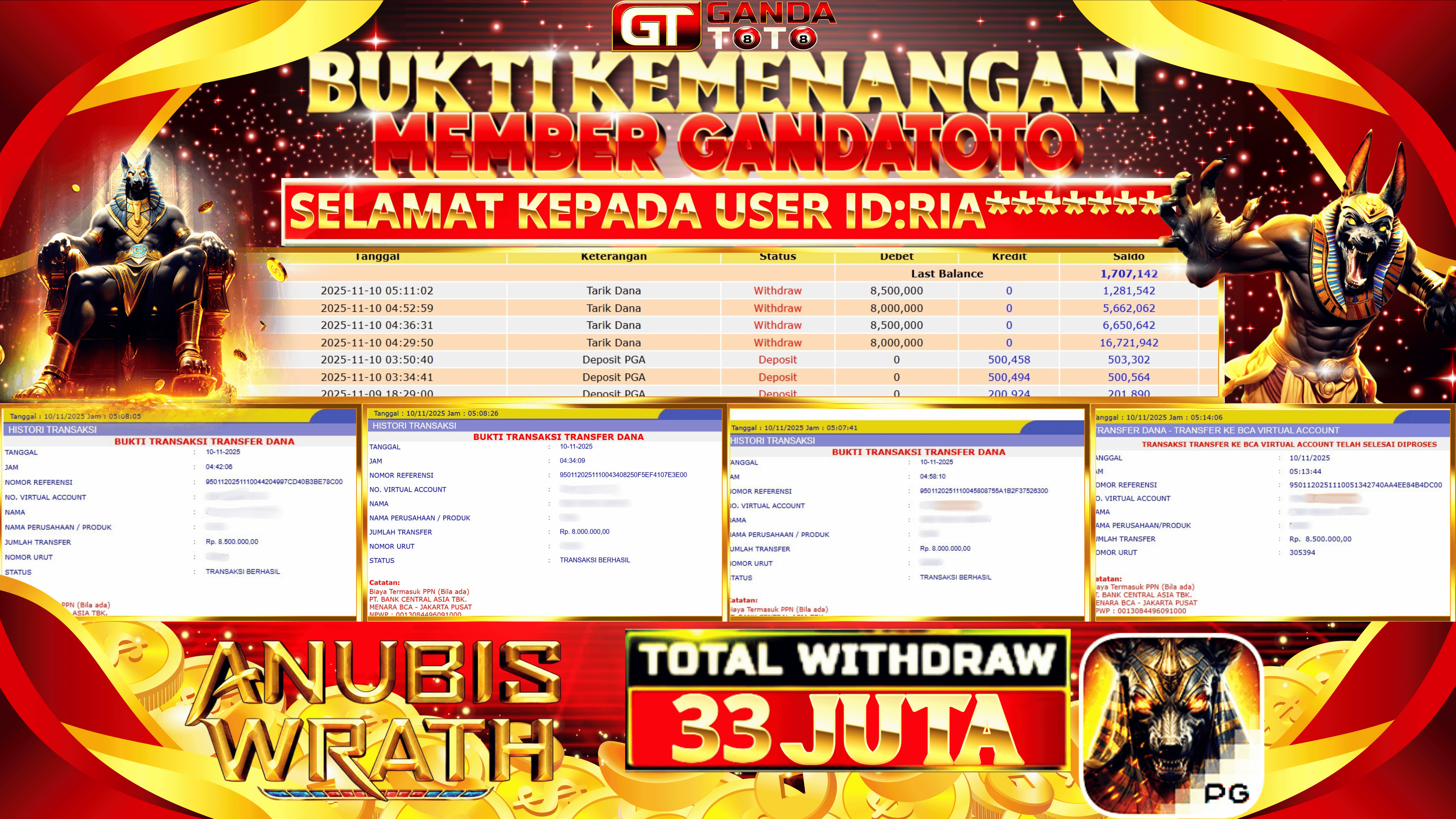 JACKPOT SLOT ANUBIS WRATH HINGGA 33 JUTA, 10 NOVEMBER 2025
