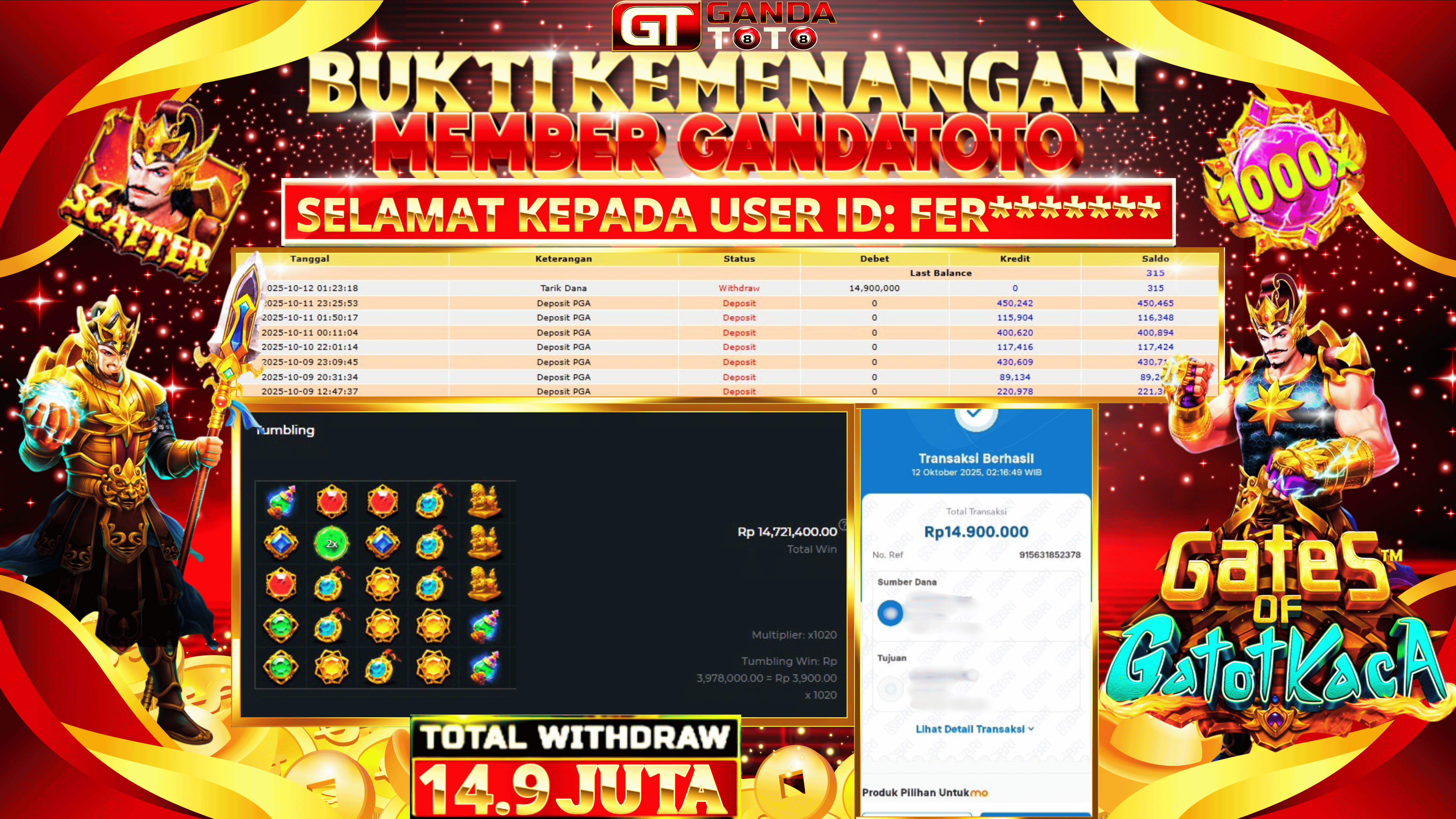 JACKPOT SLOT GATES OF GATOT KACA 1000 HINGGA 14.9 JUTA, 12 OKTOBER 2025