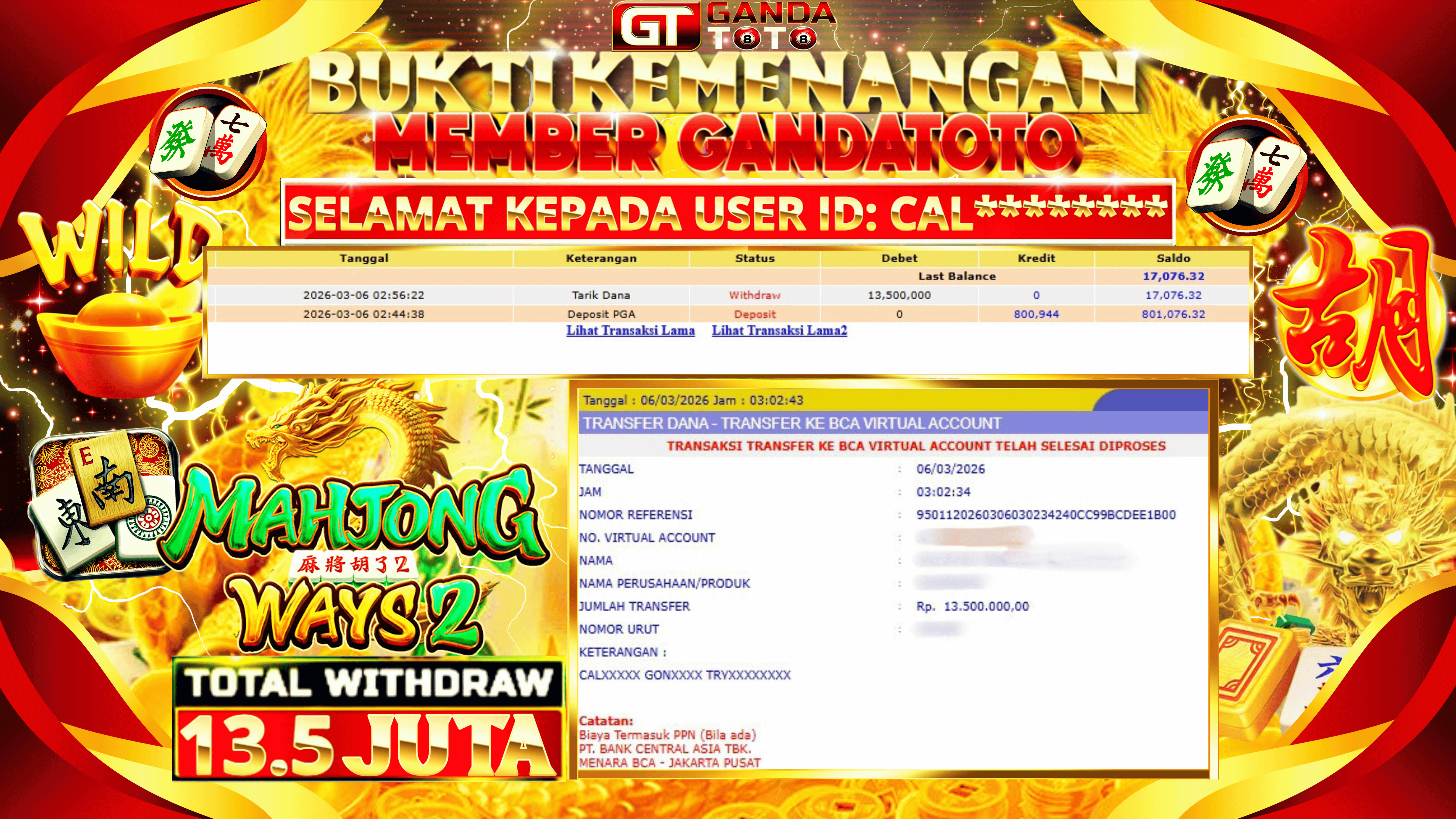 JACKPOT SLOT MAHJONG WAYS 2 HINGGA 13.5 JUTA, 06 MARET 2026