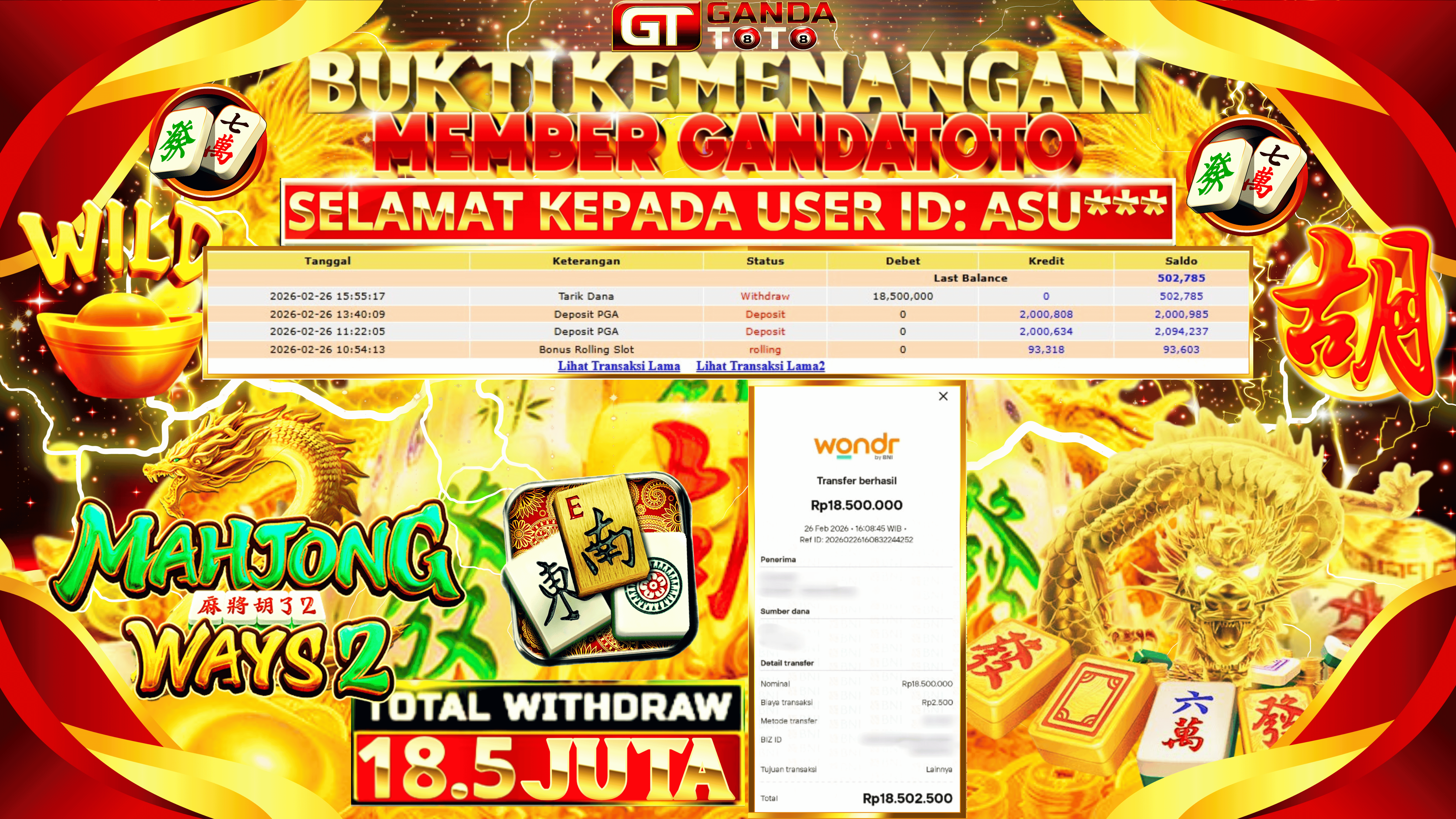 JACKPOT SLOT MAHJONG WAYS 2 HINGGA 18.5 JUTA, 26 FEBRUARY 2026