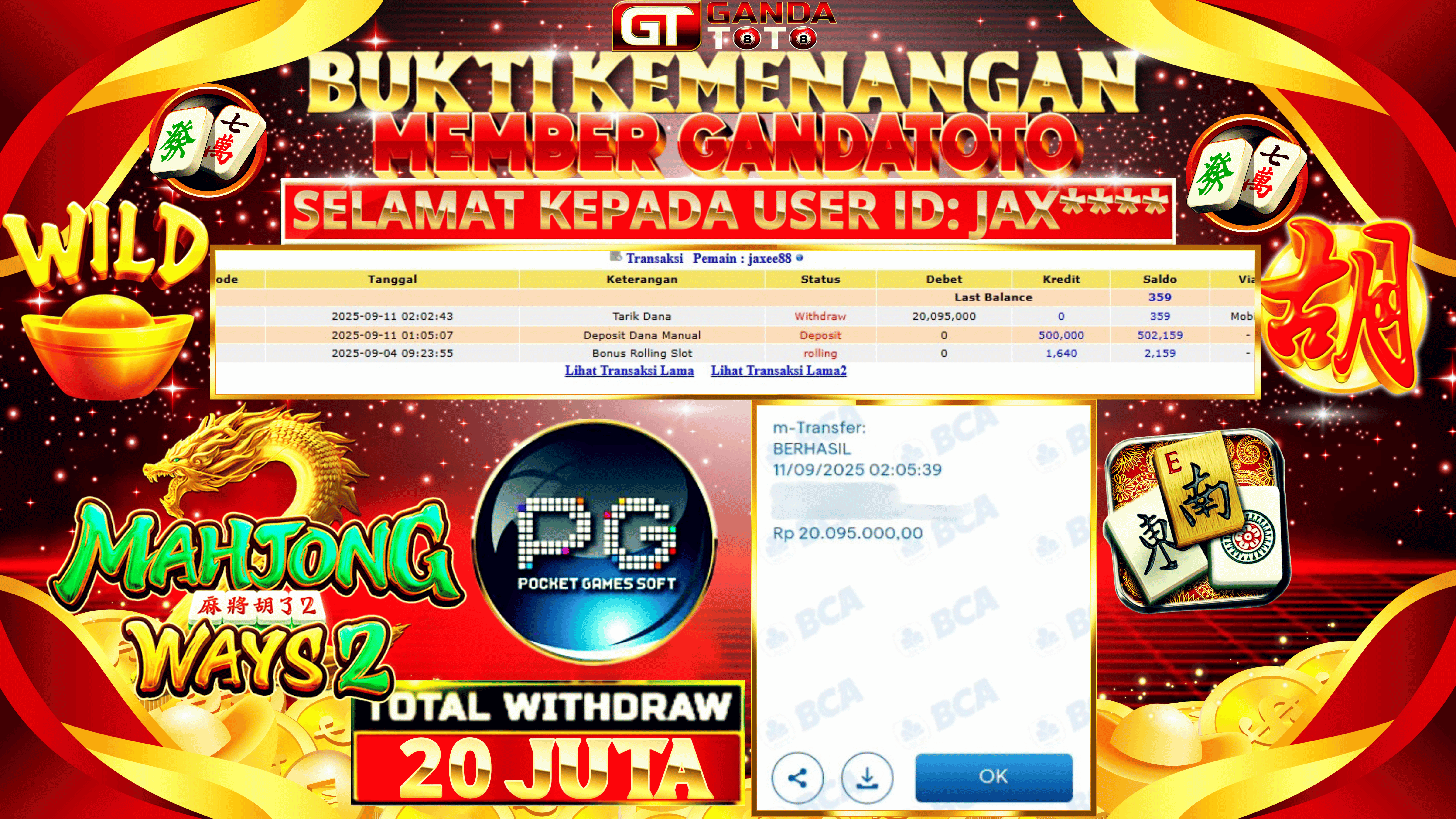 JACKPOT SLOT MAHJONG WINS 2 HINGGA 20 JUTA, 11 SEPTEMBER 2025