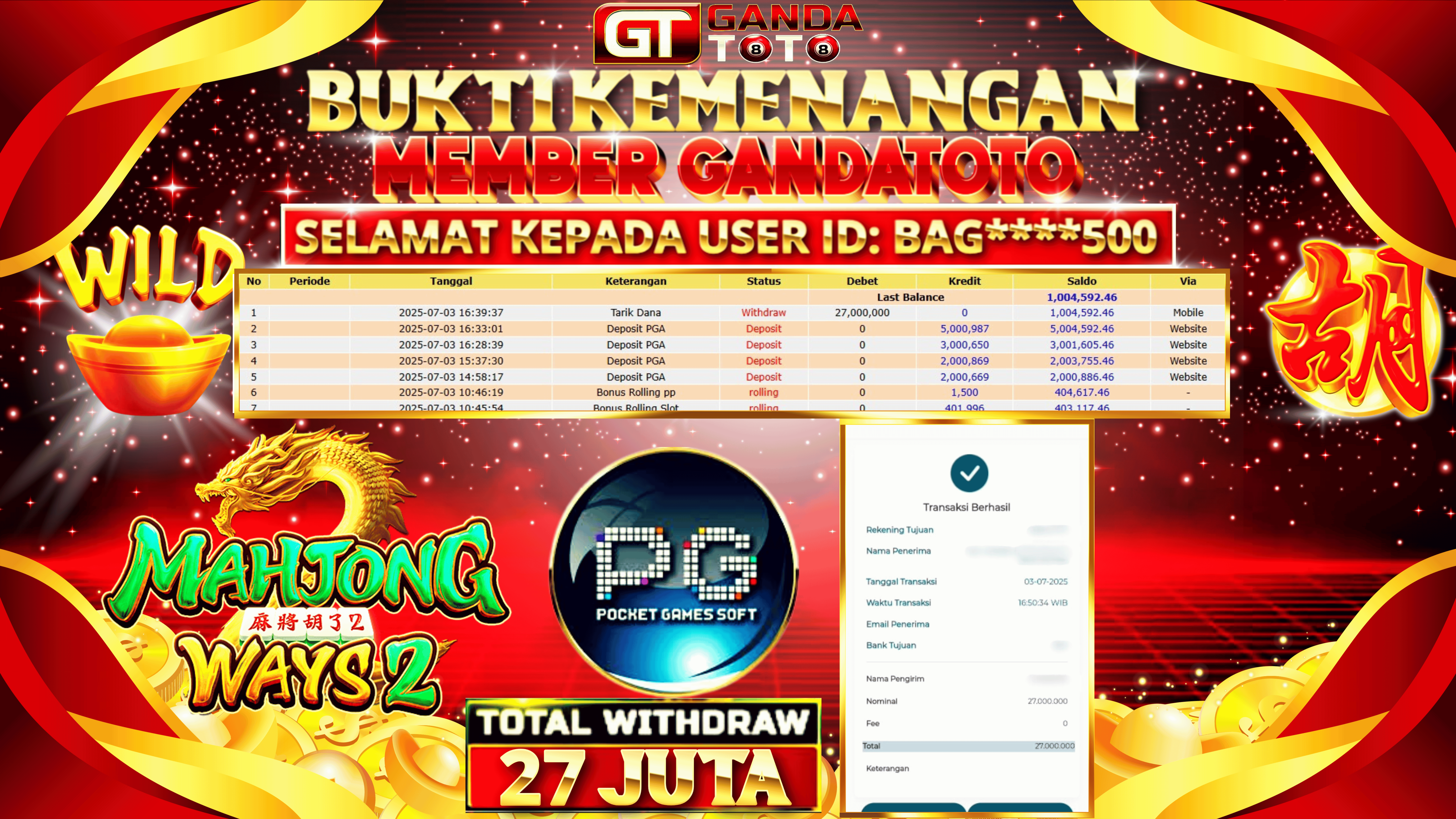 JACKPOT SLOT MAHJONG WAYS2 HINGGA 27 JUTA, 03 JULI 2025