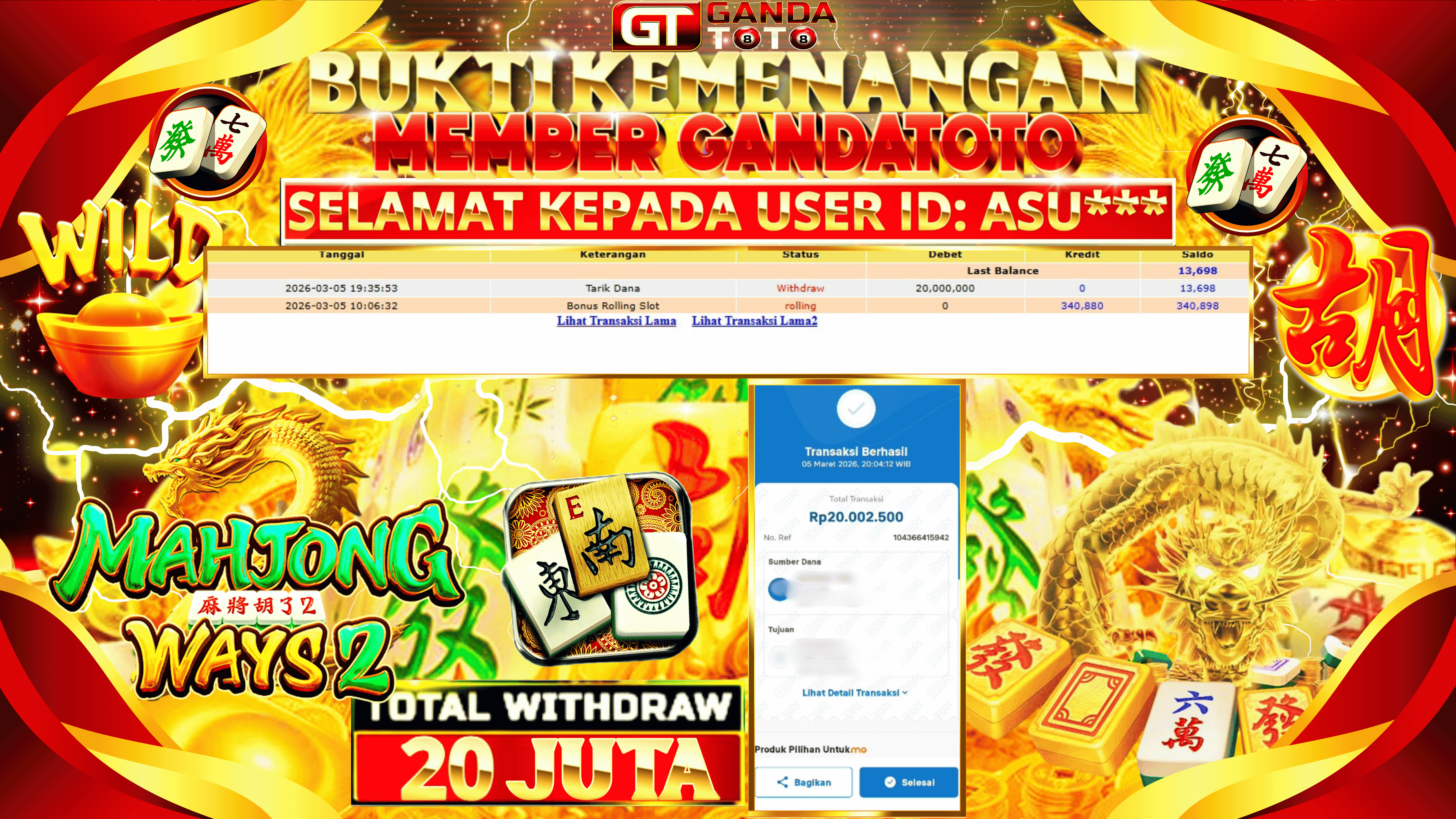 JACKPOT SLOT MAHJONG WAYS 2 HINGGA 20 JUTA, 06 MARET 2026