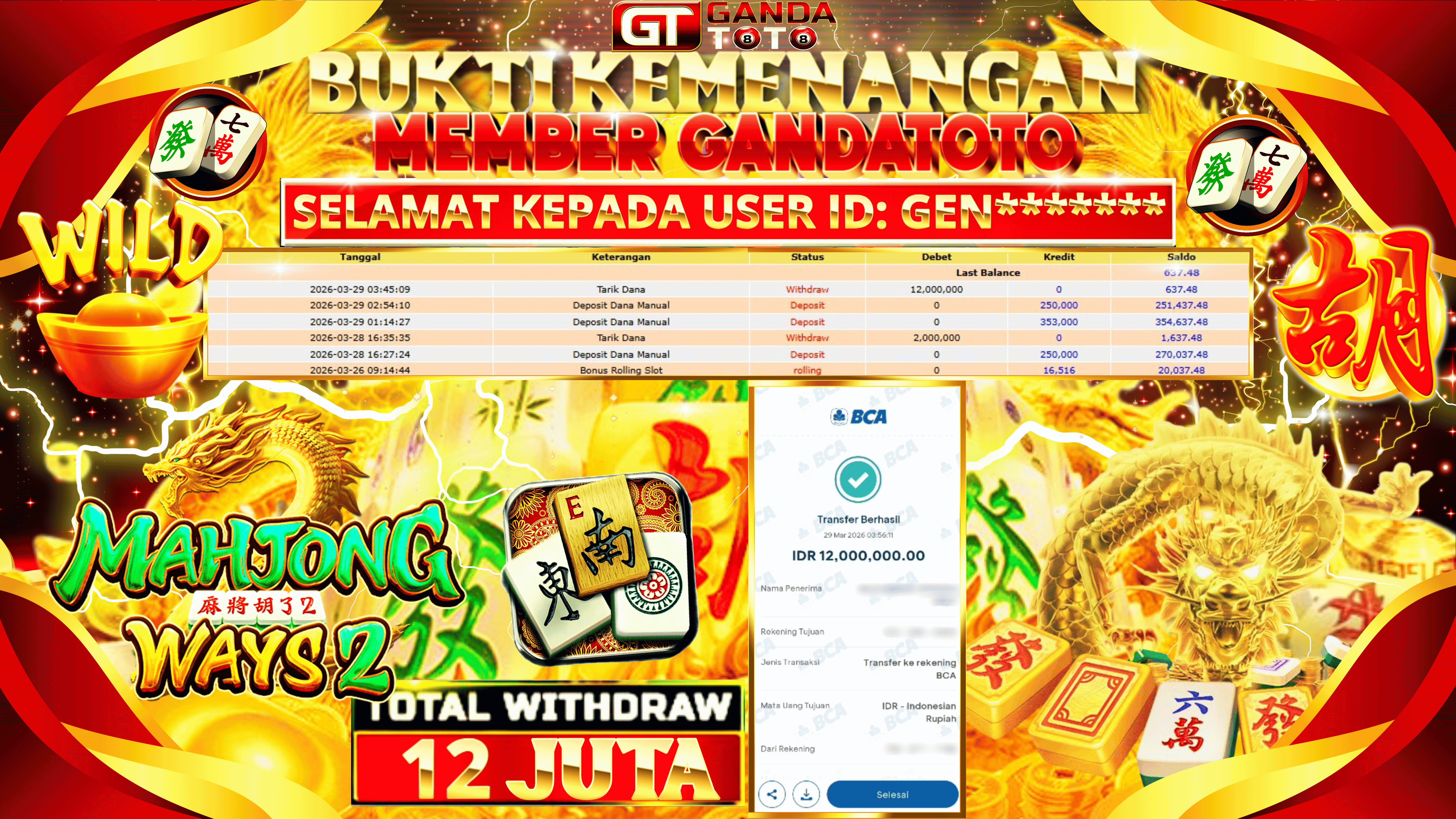 JACKPOT SLOT MAHJONG WAYS 2 HINGGA 12 JUTA, 29 MARET 2026