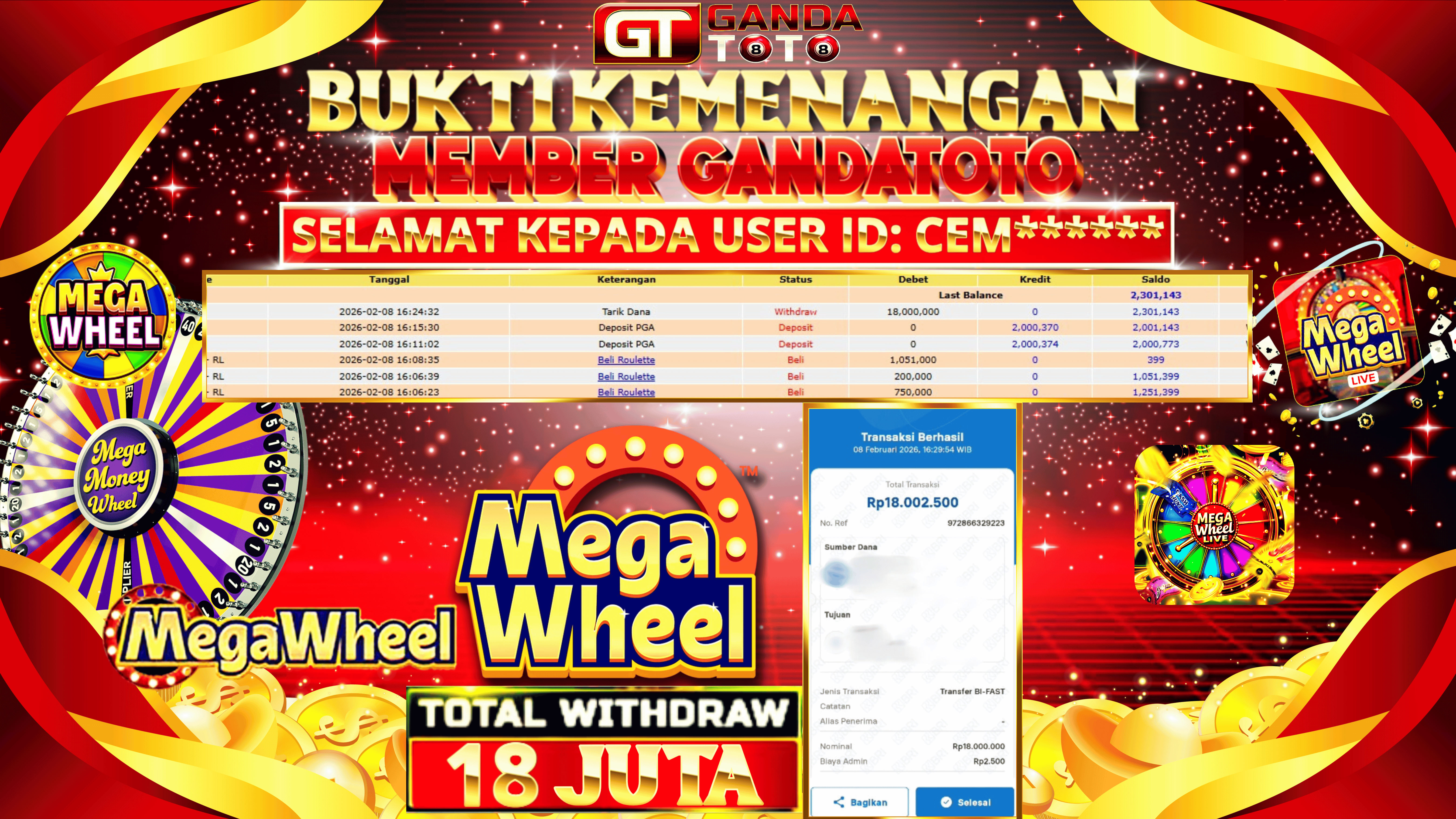 JACKPOT LIVE GAME MEGA WHEEL HINGGA 18 JUTA, 08 FEBRUARY 2026