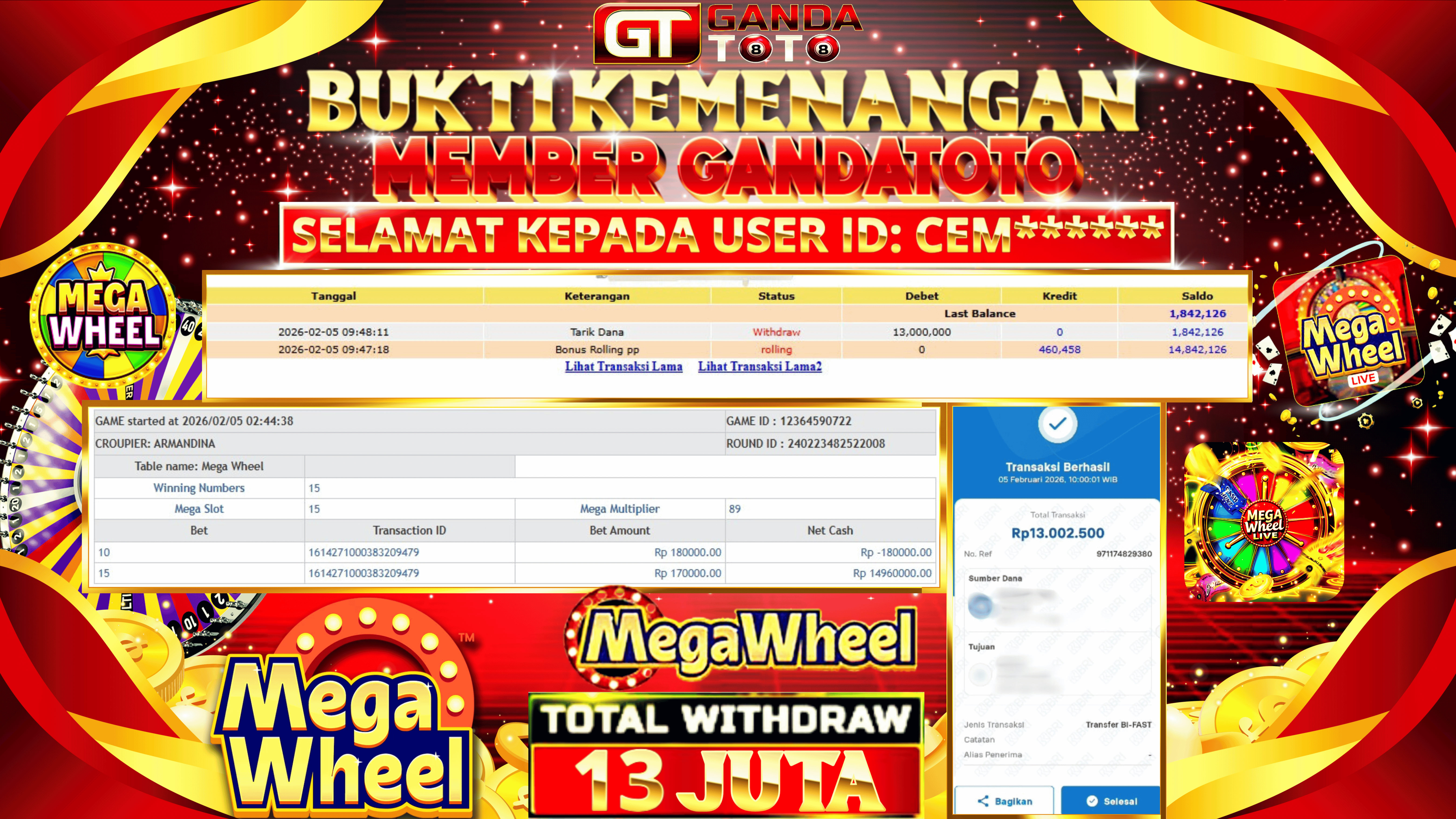 JACKPOT LIVE GAME MEGA WHEEL HINGGA 13 JUTA, 05 FEBRUARY 2026