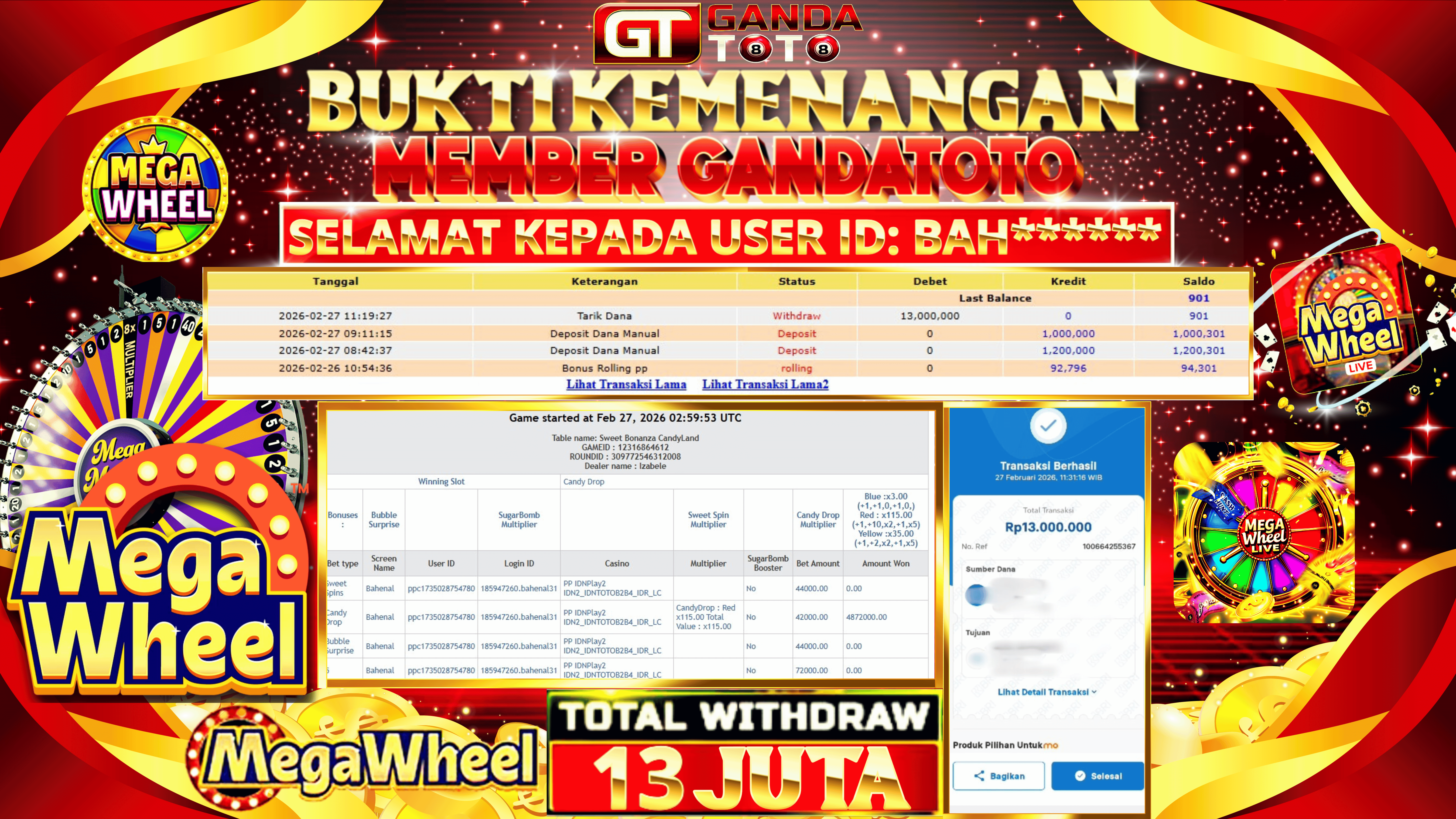 JACKPOT LIVE GAME MEGA WHEEL HINGGA 13 JUTA, 01 MARET 2026