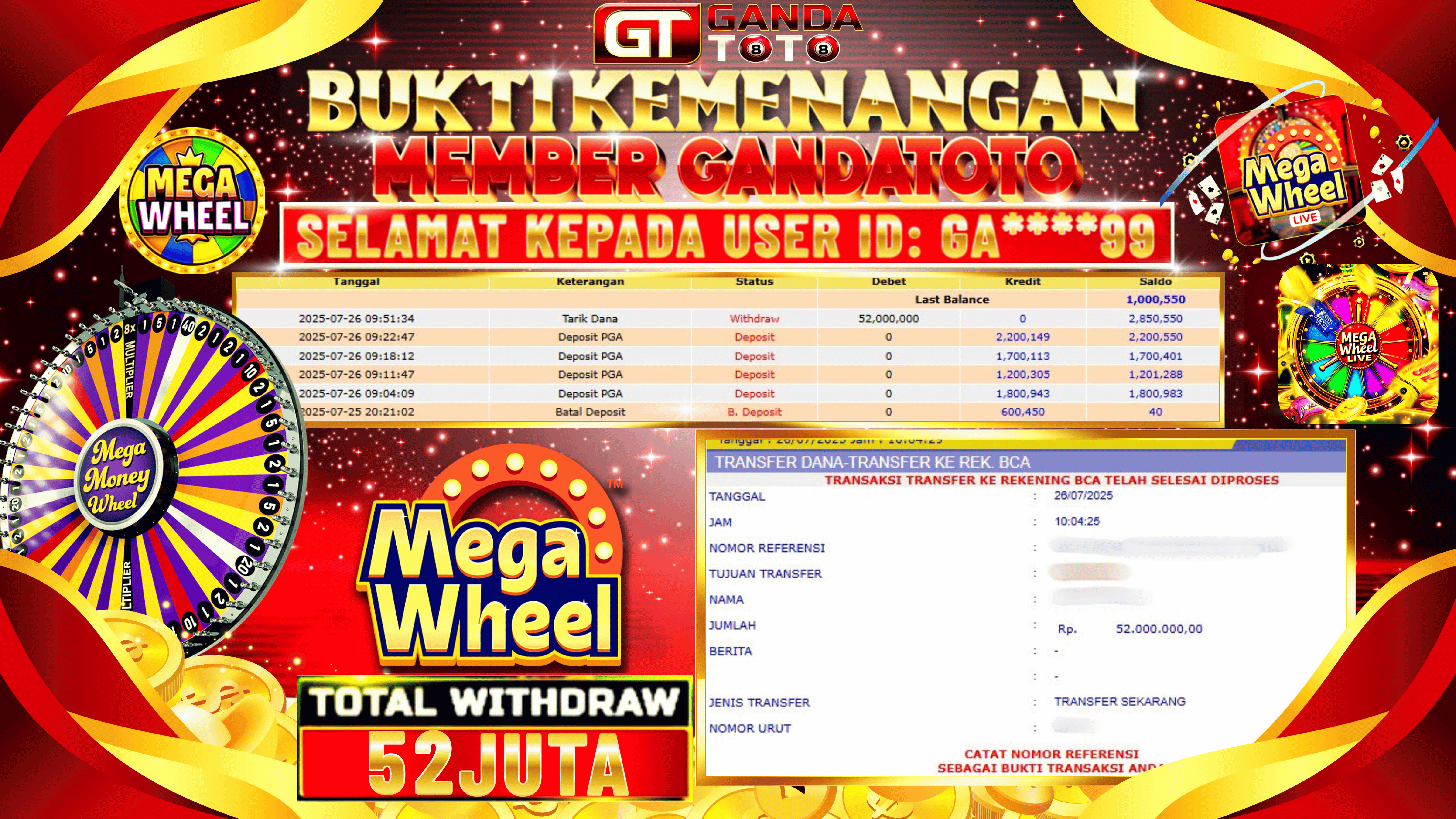 JACKPOT LIVE GAME MEGA WHEEL HINGGA 52 JUTA, 26 JULI 2025