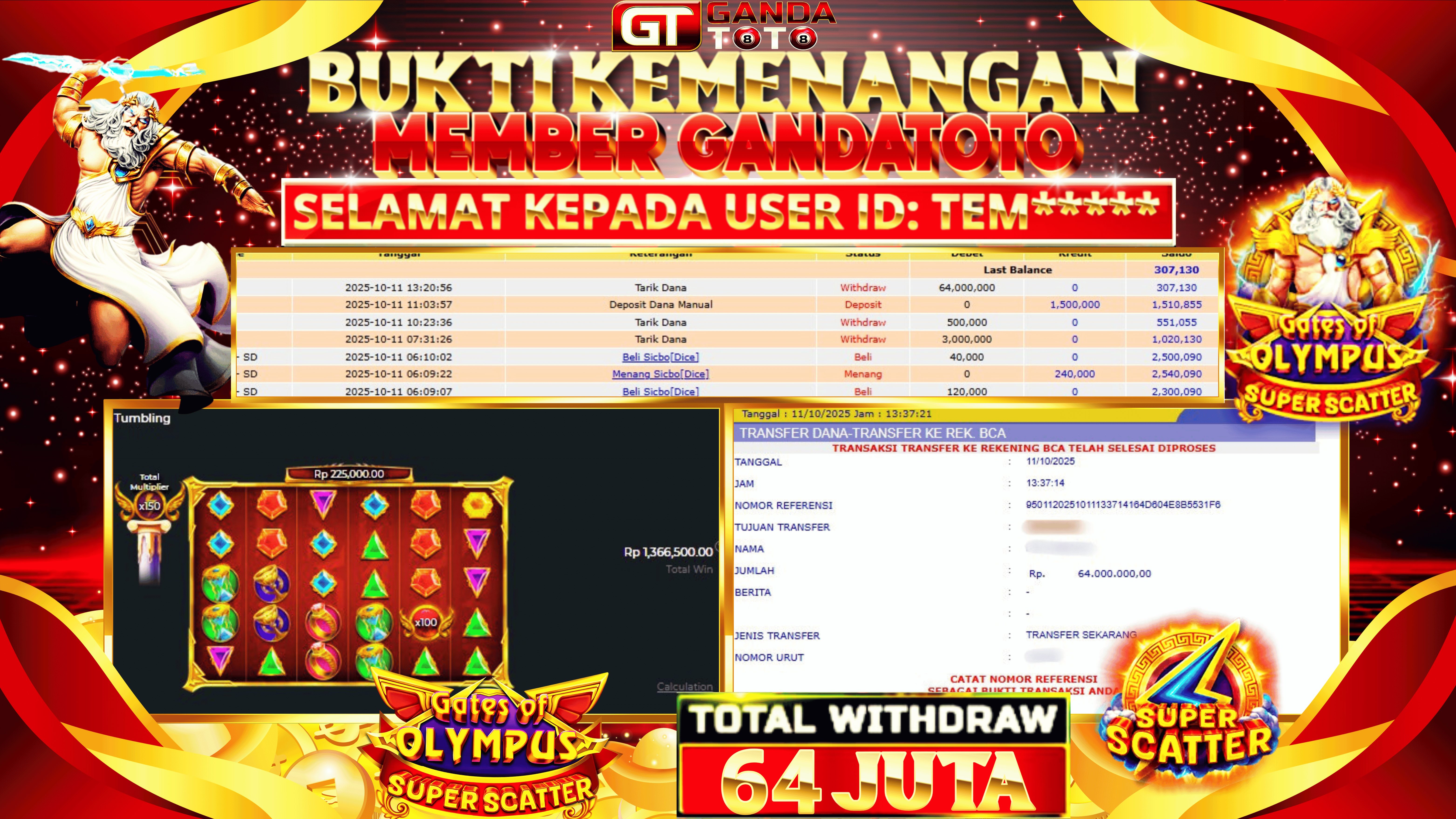 JACKPOT SLOT GATES OF OLYMPUS SUPER SCATTER HINGGA 64 JUTA, 11 OKTOBER 2025