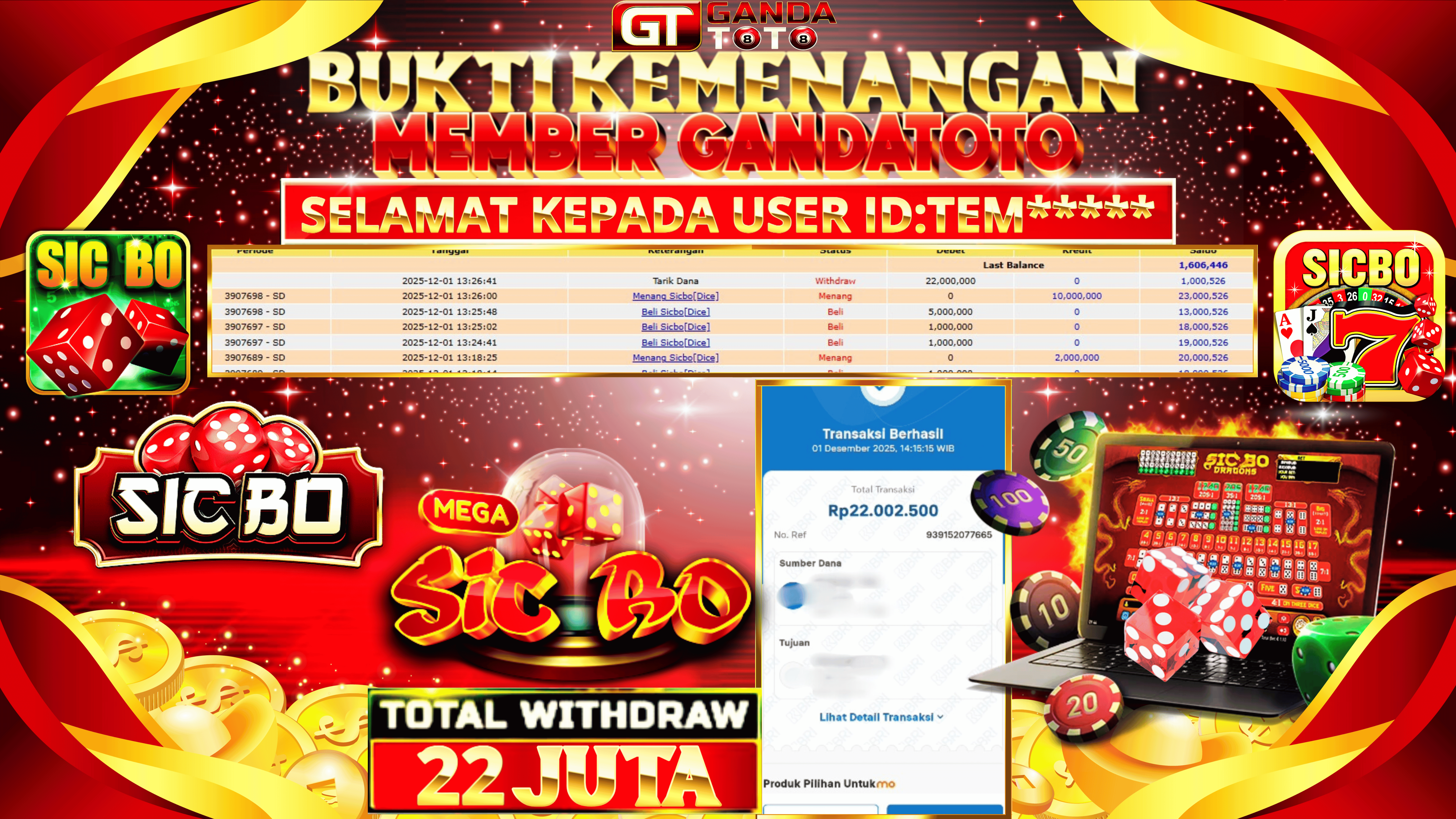 JACKPOT LIVE CASINO SICBO DICE HINGGA 22 JUTA, 01 DESEMBER 2025