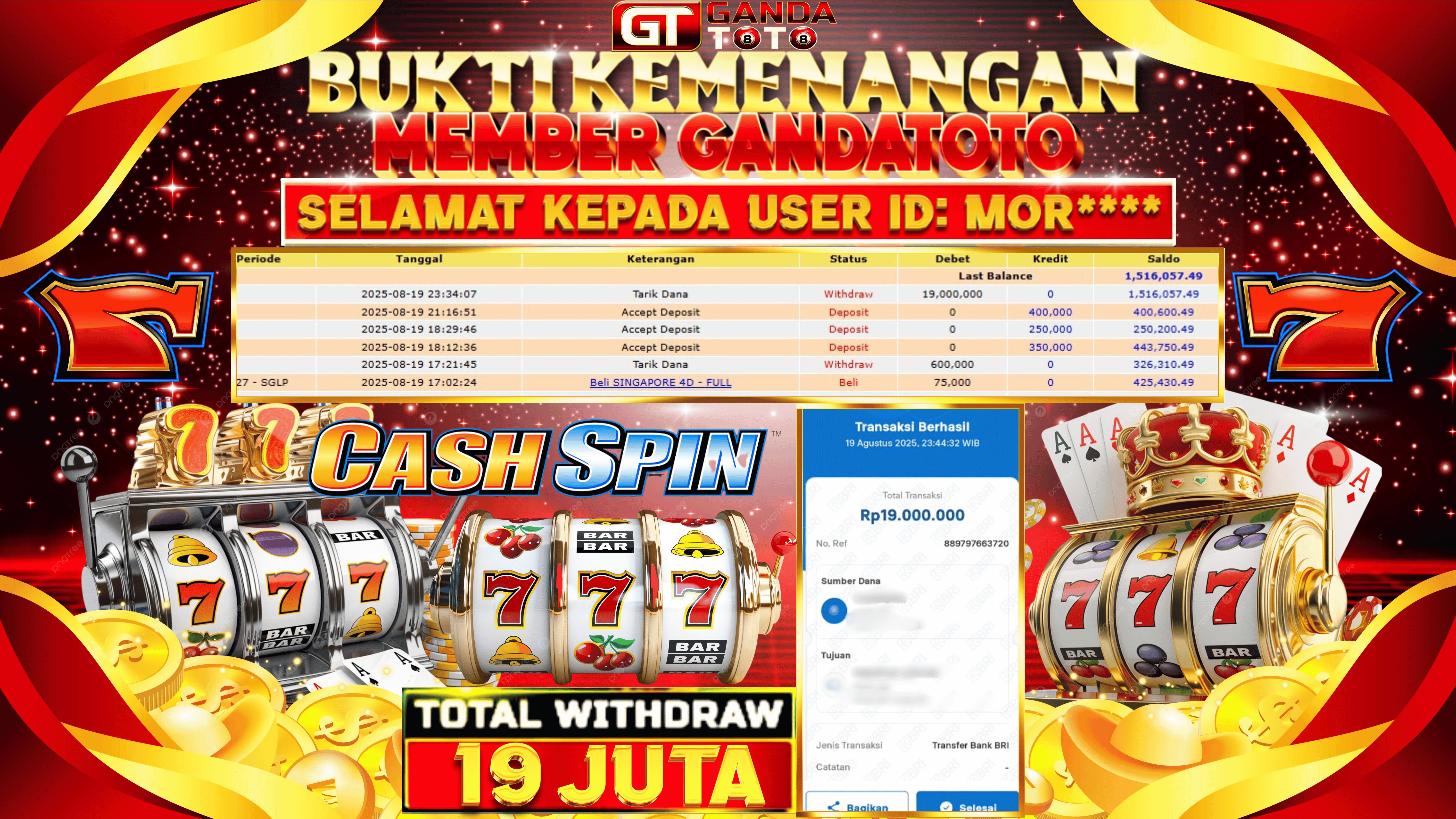JACKPOT SLOT CASH SPIN HINGGA 19 JUTA, 20 AGUSTUS 2025