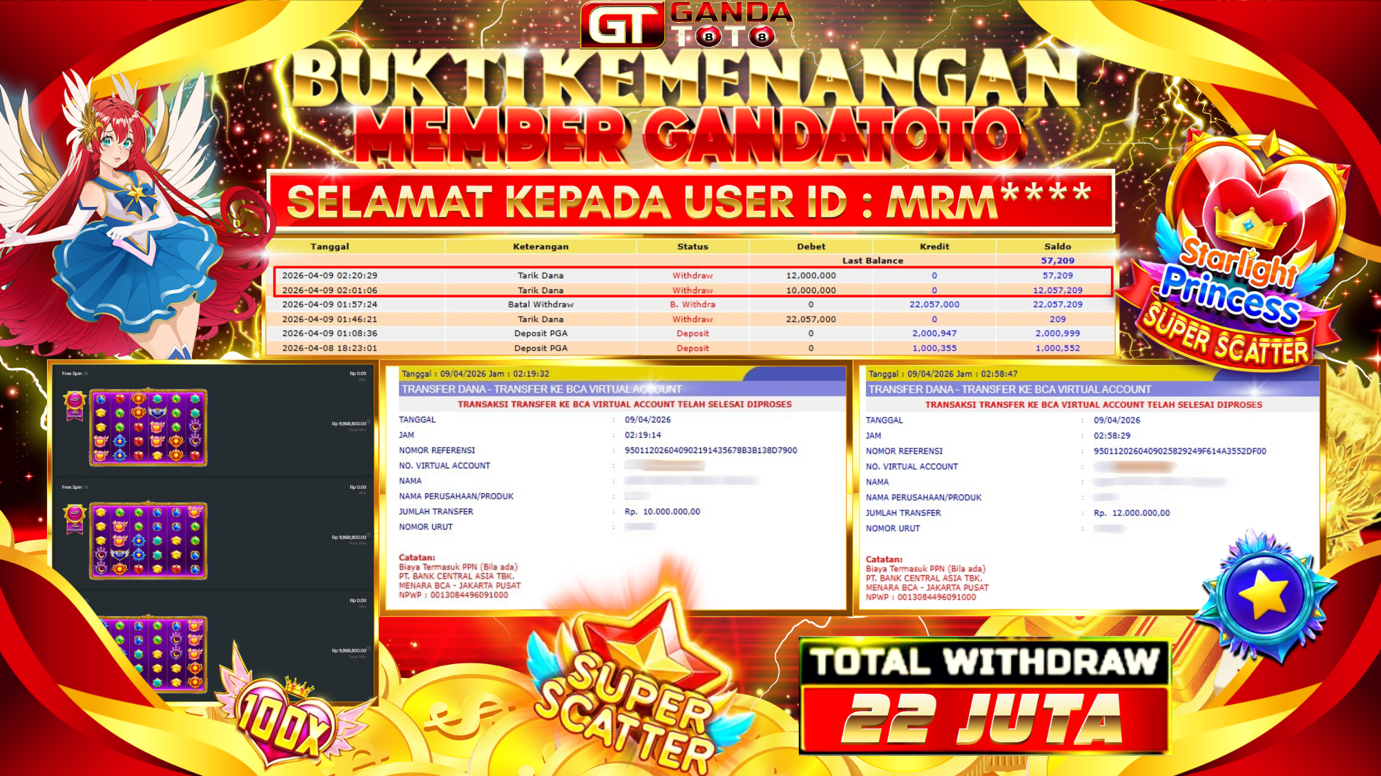 JACKPOT SLOT  STARLIGHT PRINCESS SUPER SCATTER HINGGA 22 JUTA, 09 APRIL 2026