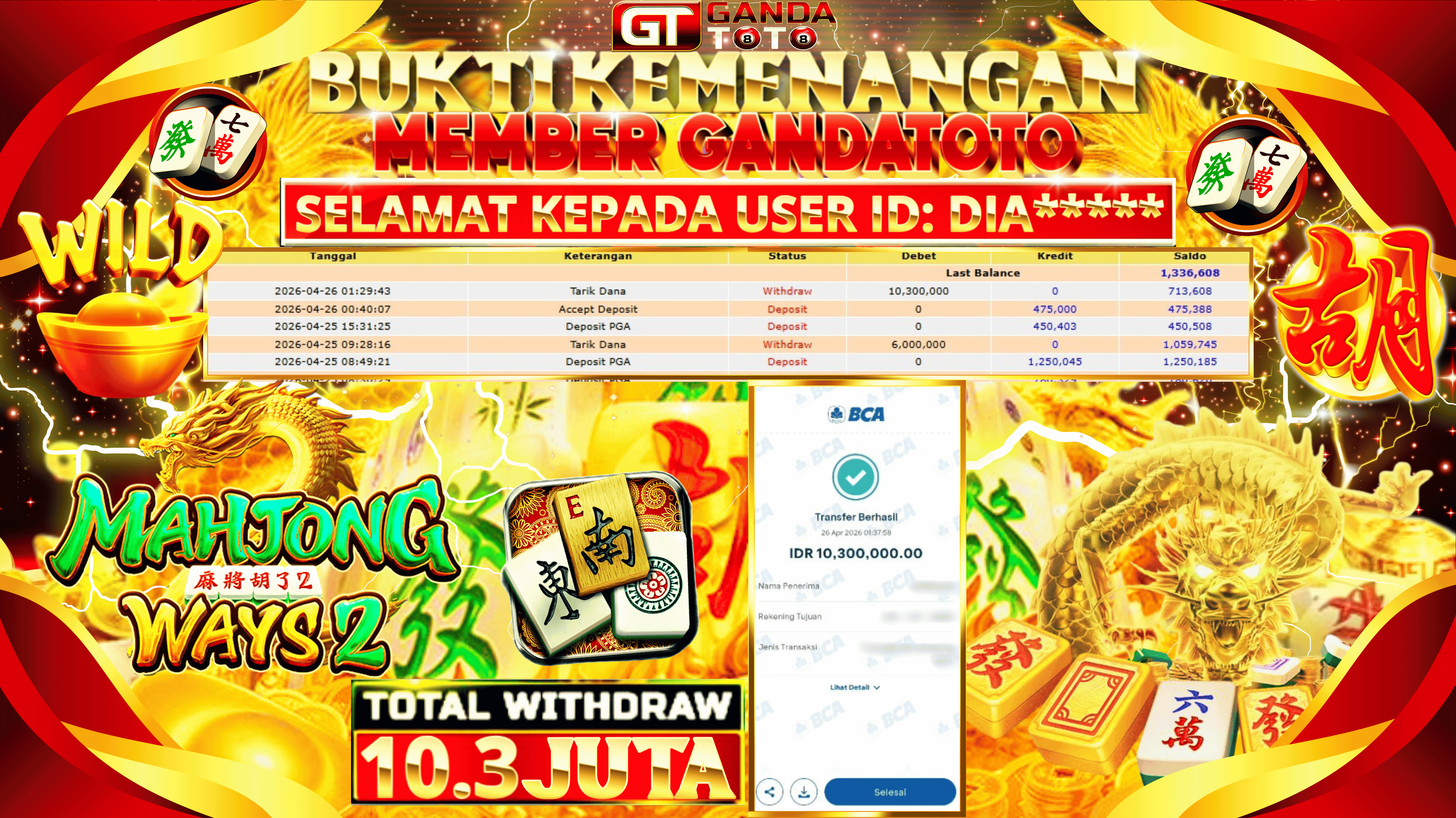 JACKPOT SLOT MAHJONG WAYS 2 HINGGA 10.3 JUTA, 26 APRIL 2026