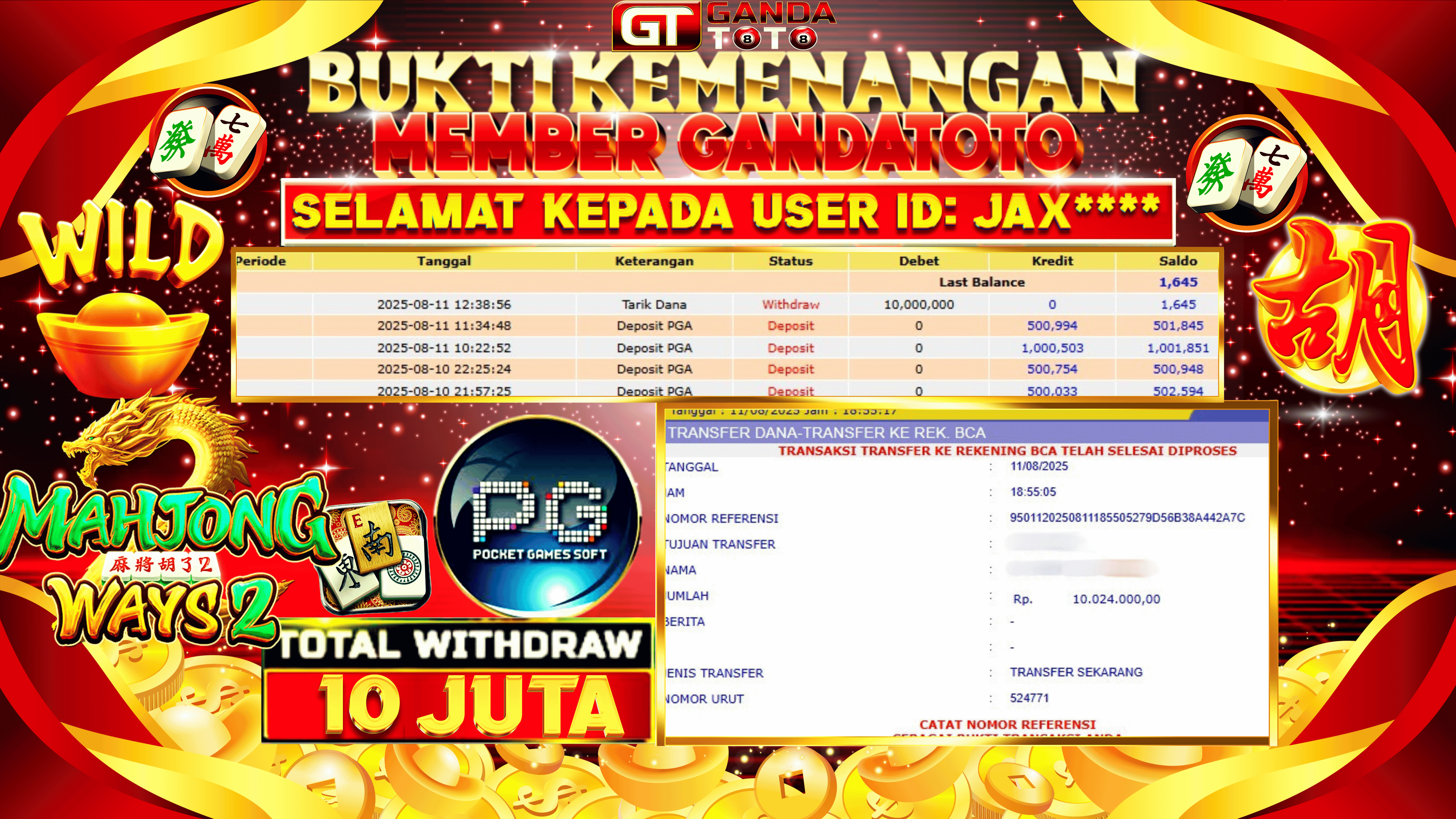 JACKPOT SLOT MAHJONG WAYS 2 HINGGA 10 JUTA, 11 AGUSTUS 2025