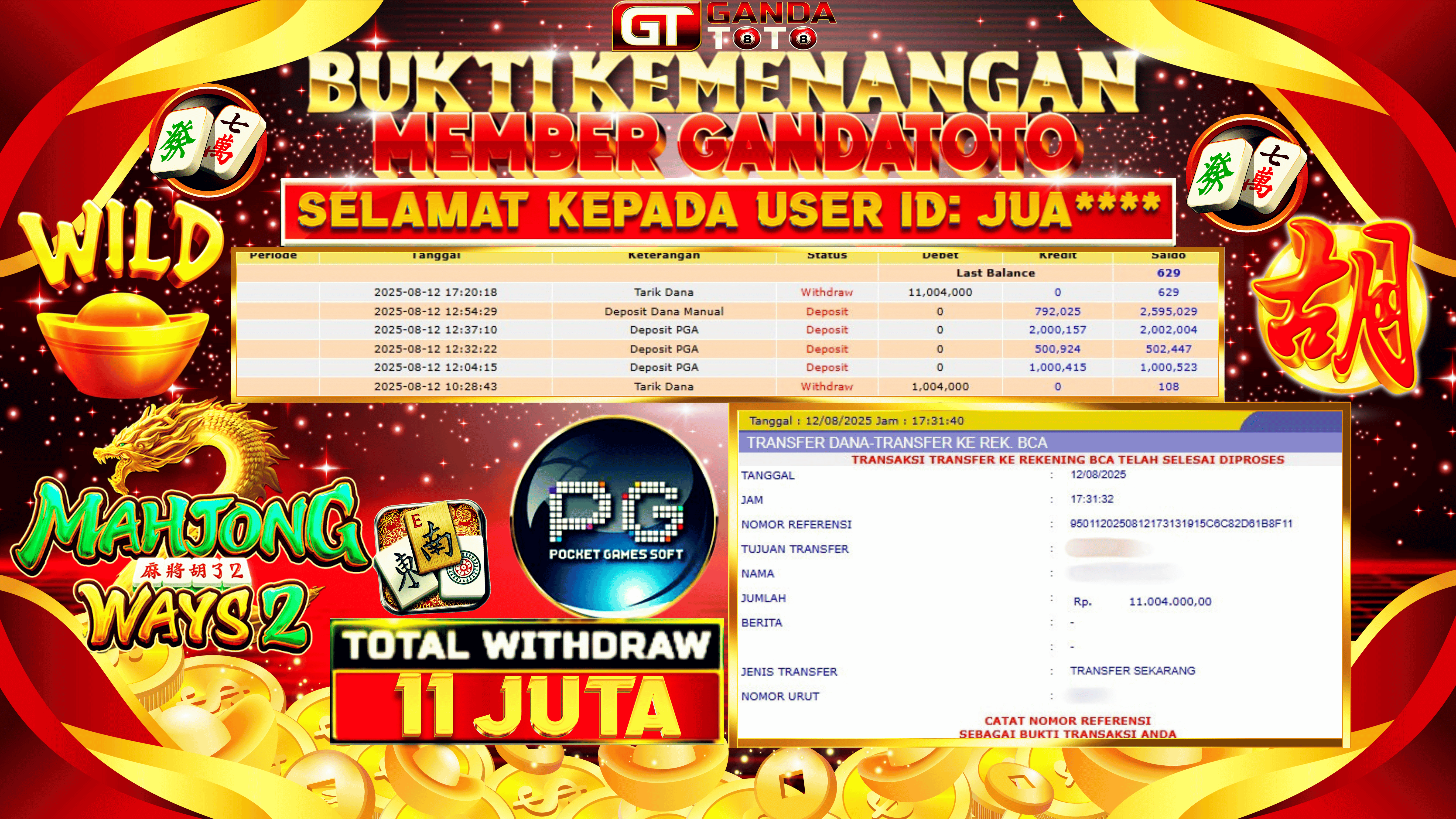 JACKPOT SLOT MAHJONG WAYS 2 HINGGA 11 JUTA, 12 AGUSTUS 2025