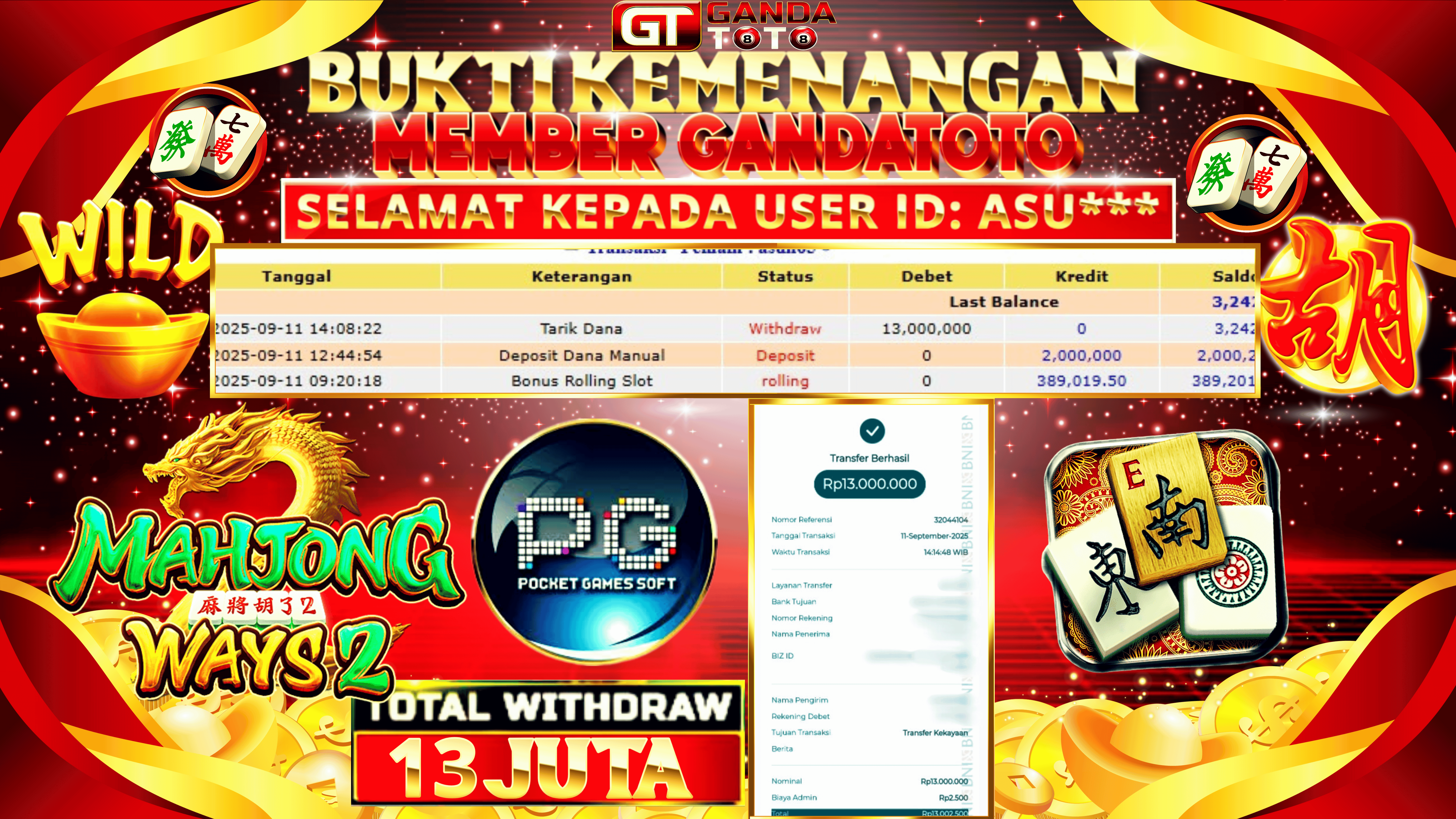 JACKPOT SLOT MAHJONG WINS 2 HINGGA 13 JUTA, 12 SEPTEMBER 2025