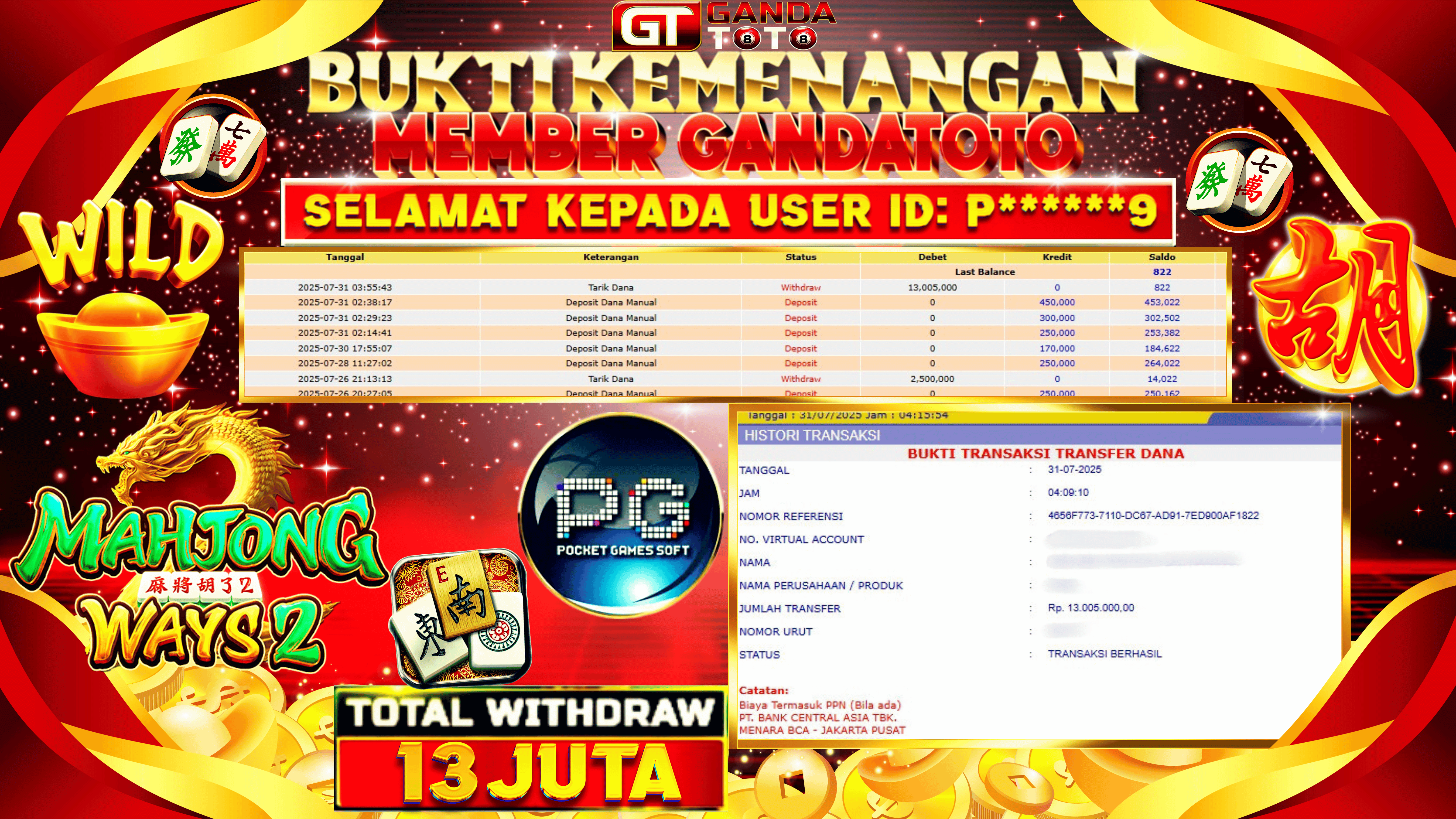 JACKPOT SLOT MAHJONG WAYS 2 HINGGA 13 JUTA, 31 JULI 2025