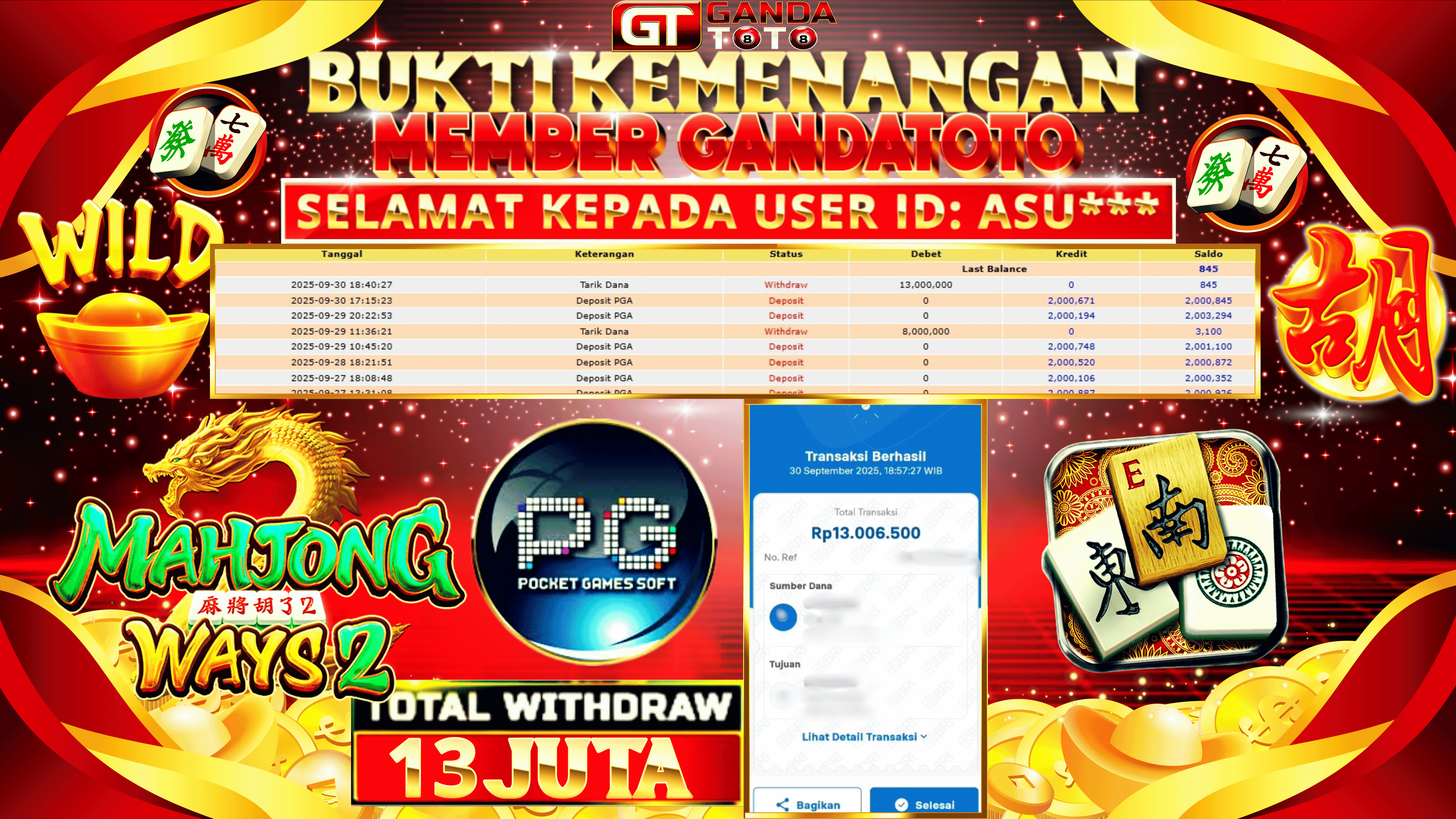 JACKPOT SLOT MAHJONG WINS 2 HINGGA 13 JUTA, 30 SEPTEMBER 2025