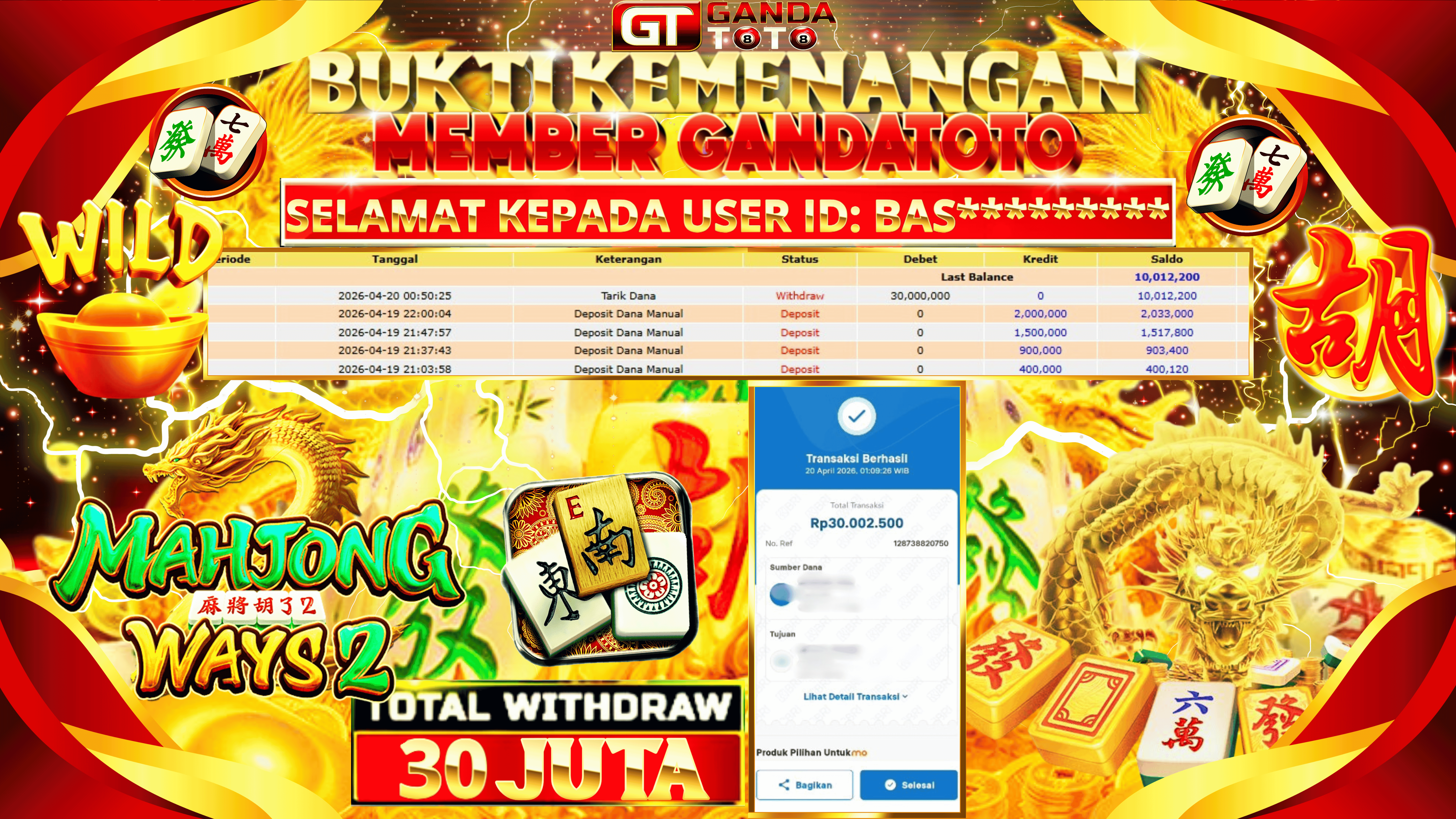 JACKPOT SLOT MAHJONG WAYS 2 HINGGA 30 JUTA, 26 APRIL 2026