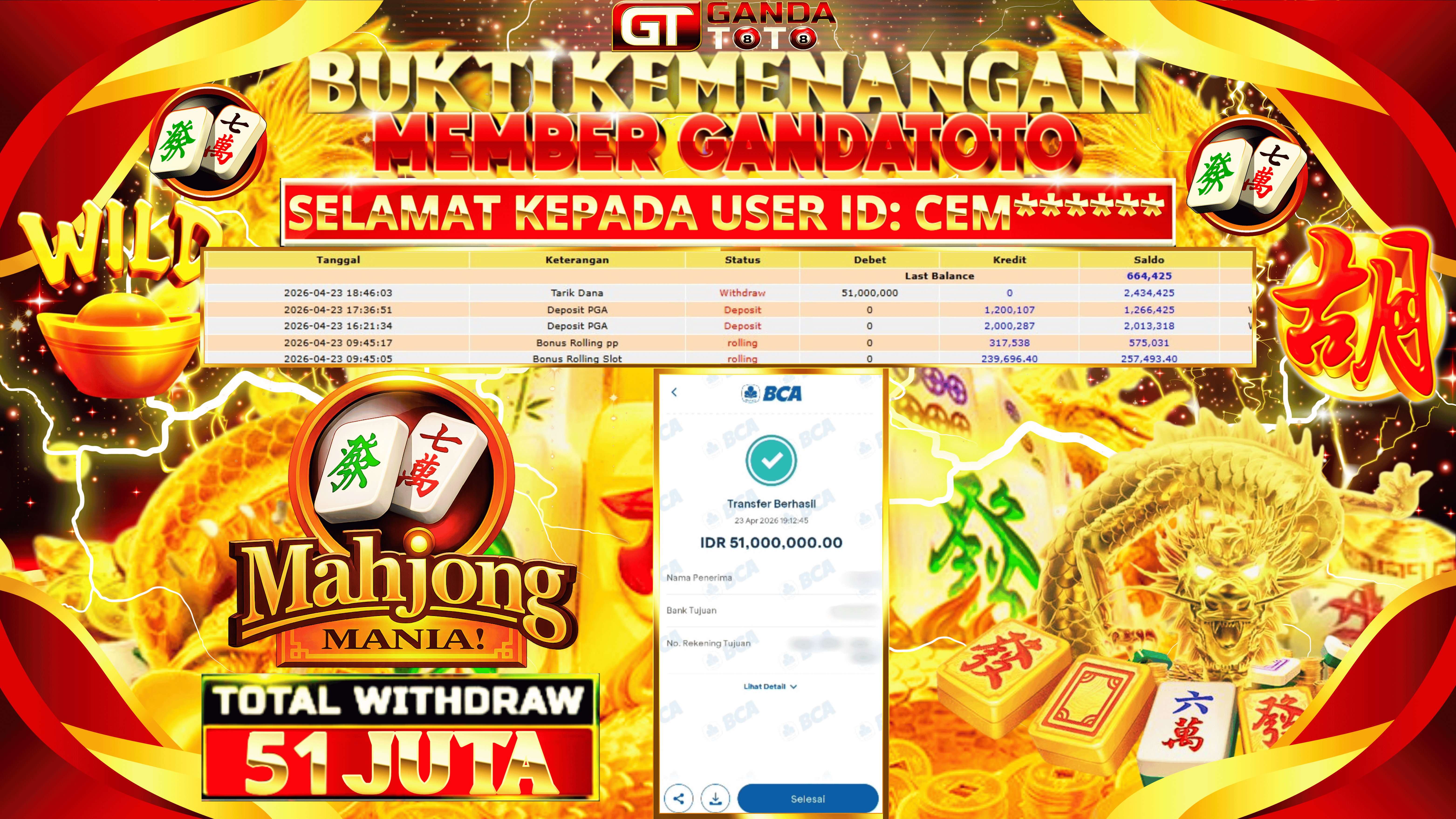 JACKPOT SLOT MAHJONG WAYS MANIA HINGGA 51 JUTA, 26 APRIL 2026