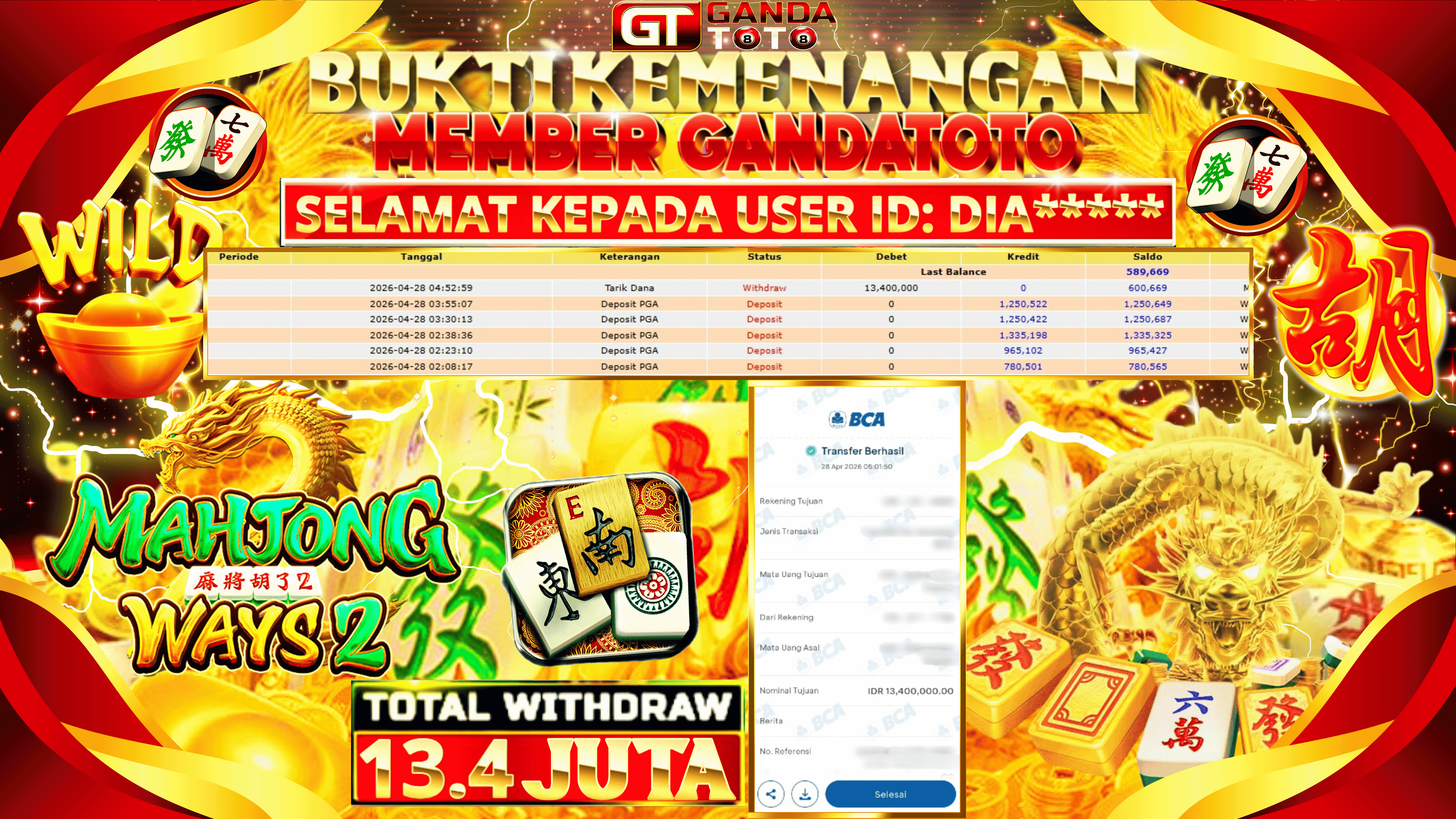 JACKPOT SLOT MAHJONG WAYS 2 HINGGA 13.4 JUTA, 11 MEI 2026