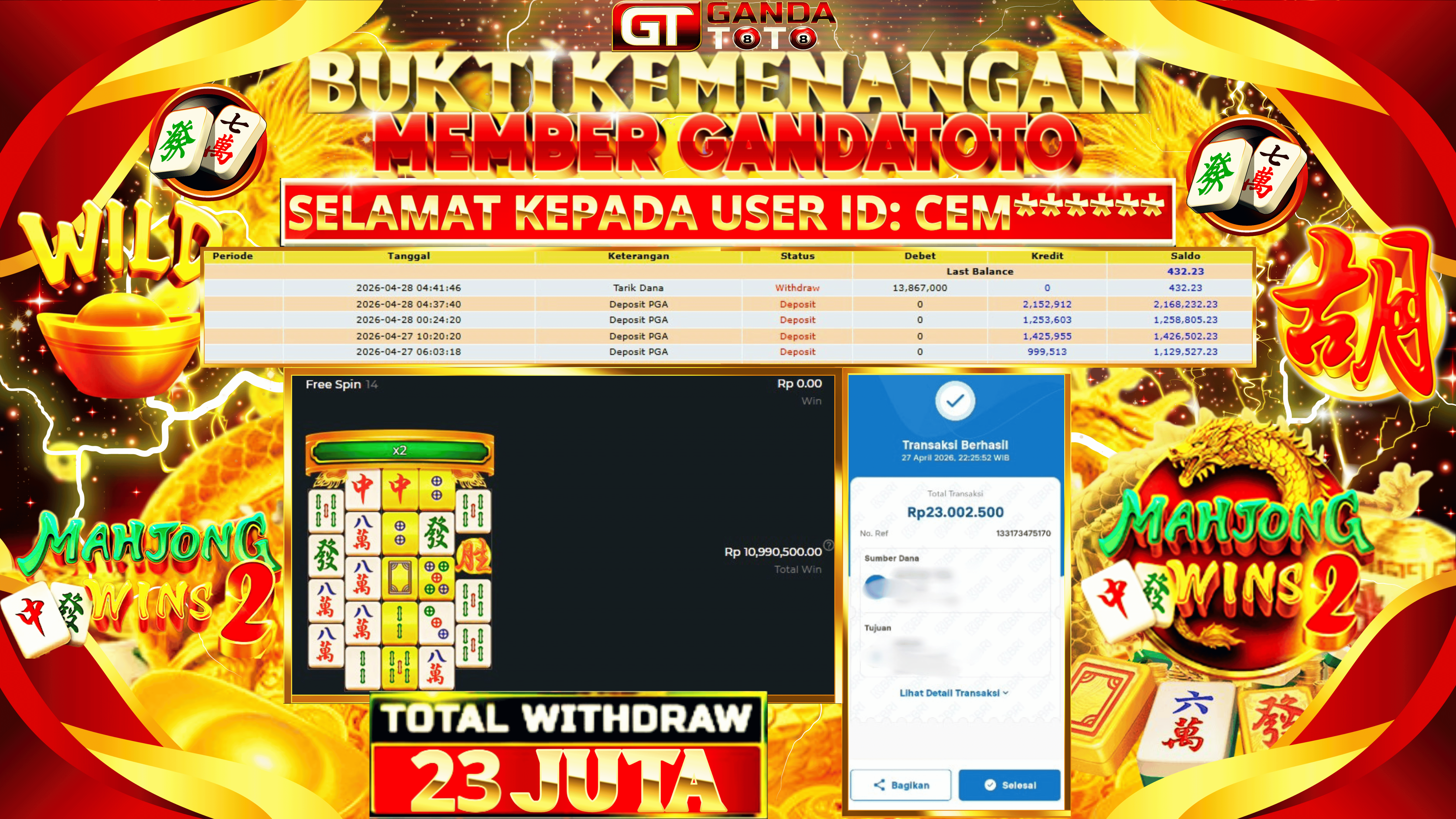 JACKPOT SLOT MAHJONG WINS 2 HINGGA 23 JUTA, 11 MEI 2026