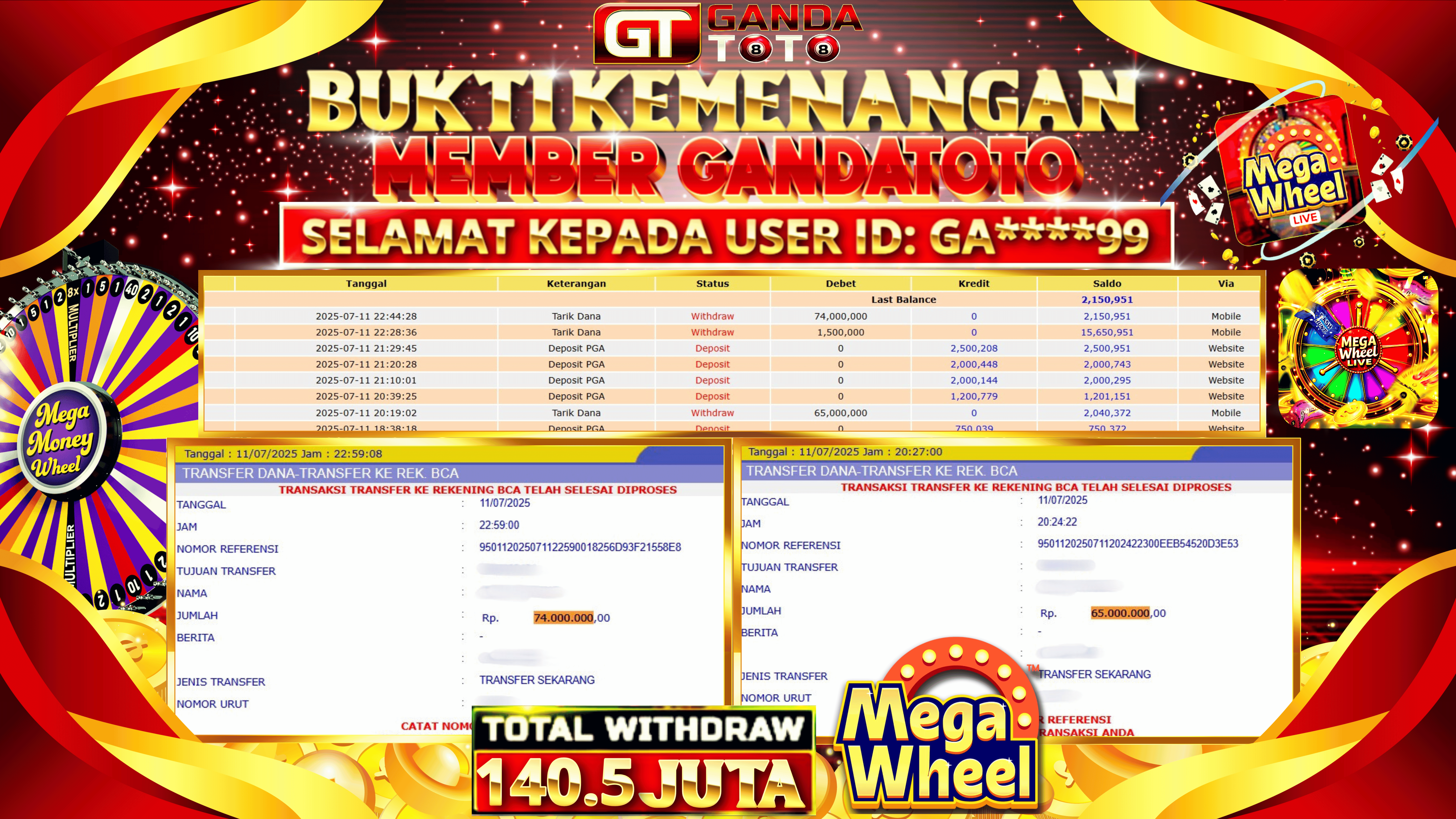 JACKPOT LIVE GAME MEGA WHEEL HINGGA 140.5 JUTA, 11 JULI 2025