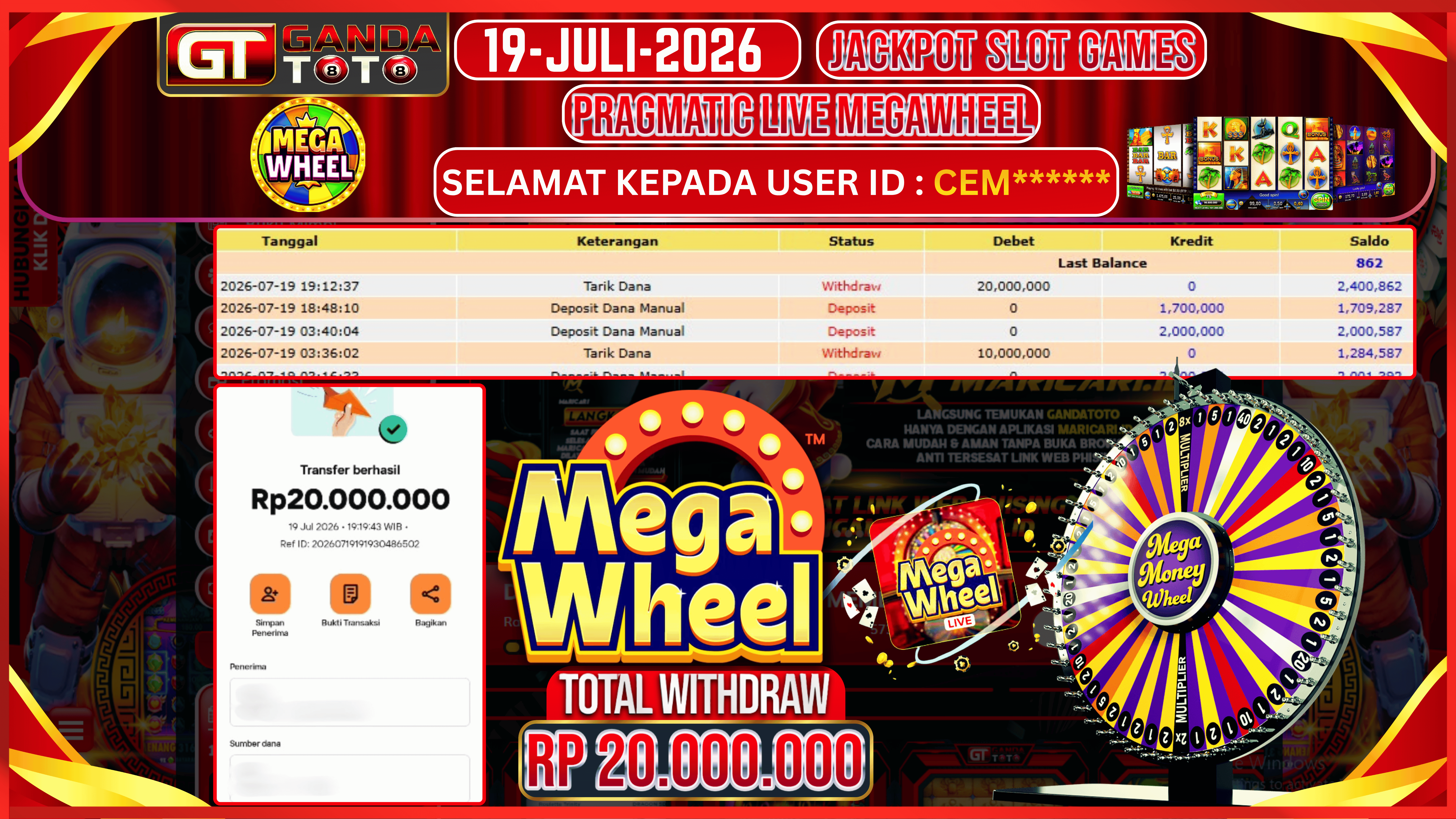 JACKPOT LIVE GAME MEGA WHEEL HINGGA 20 JUTA, 19 JULI 2026