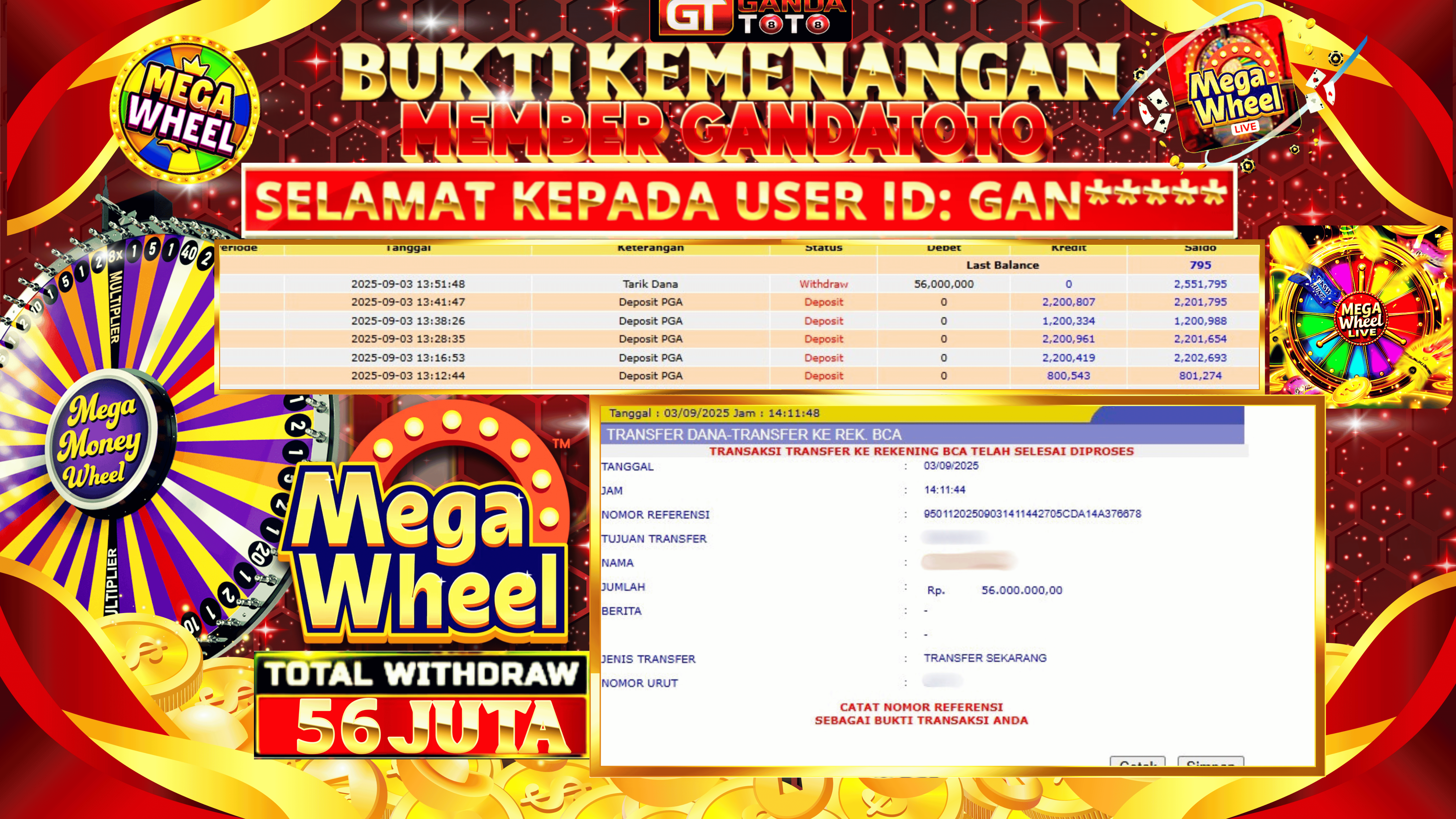 JACKPOT LIVE GAME MEGA WHEEL HINGGA 56 JUTA, 03 SEPTEMBER 2025