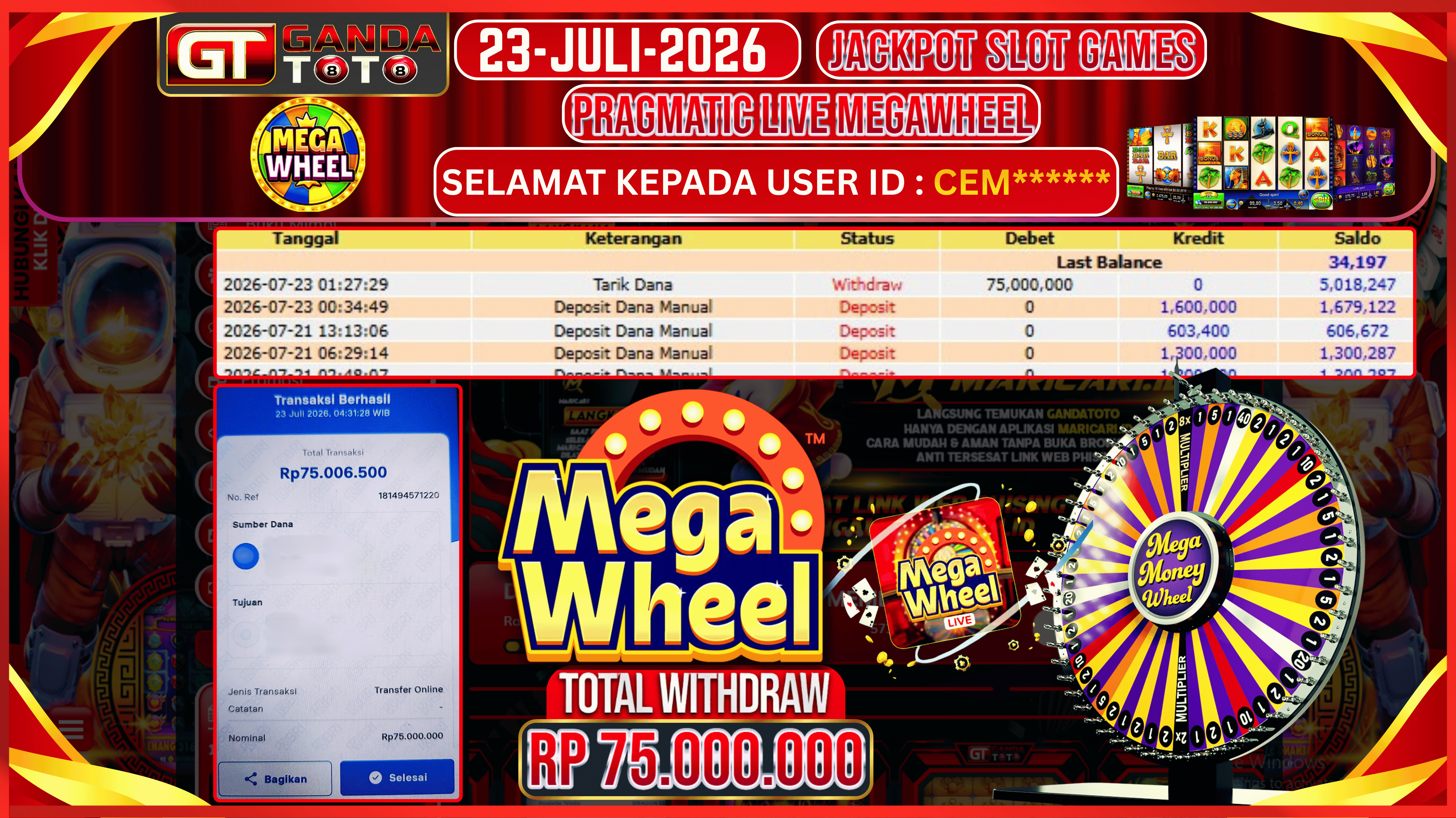 JACKPOT LIVE GAME MEGA WHEEL HINGGA 75 JUTA, 23 JULI 2026