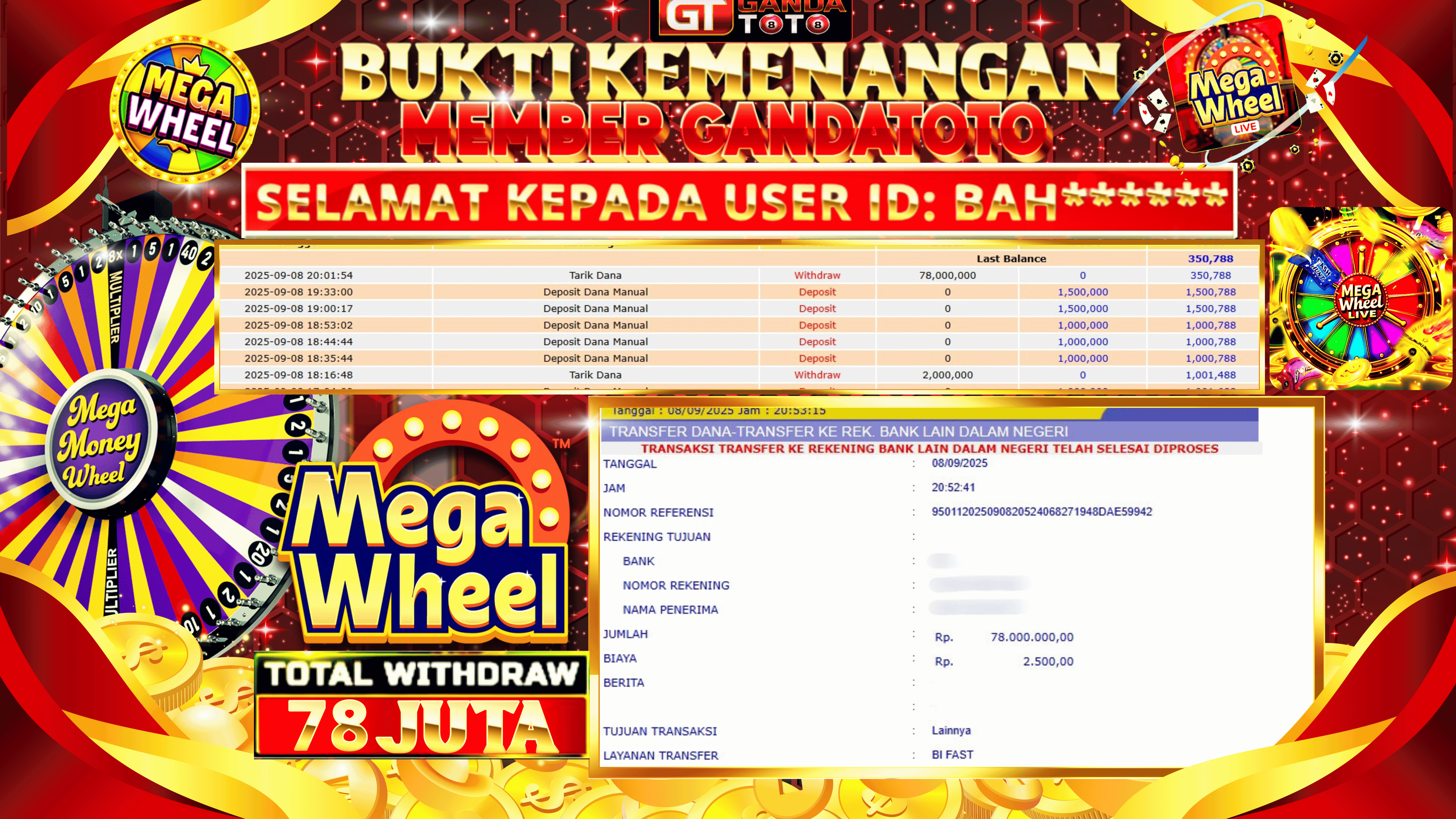 JACKPOT LIVE GAME MEGA WHEEL HINGGA 78 JUTA, 10 SEPTEMBER 2025