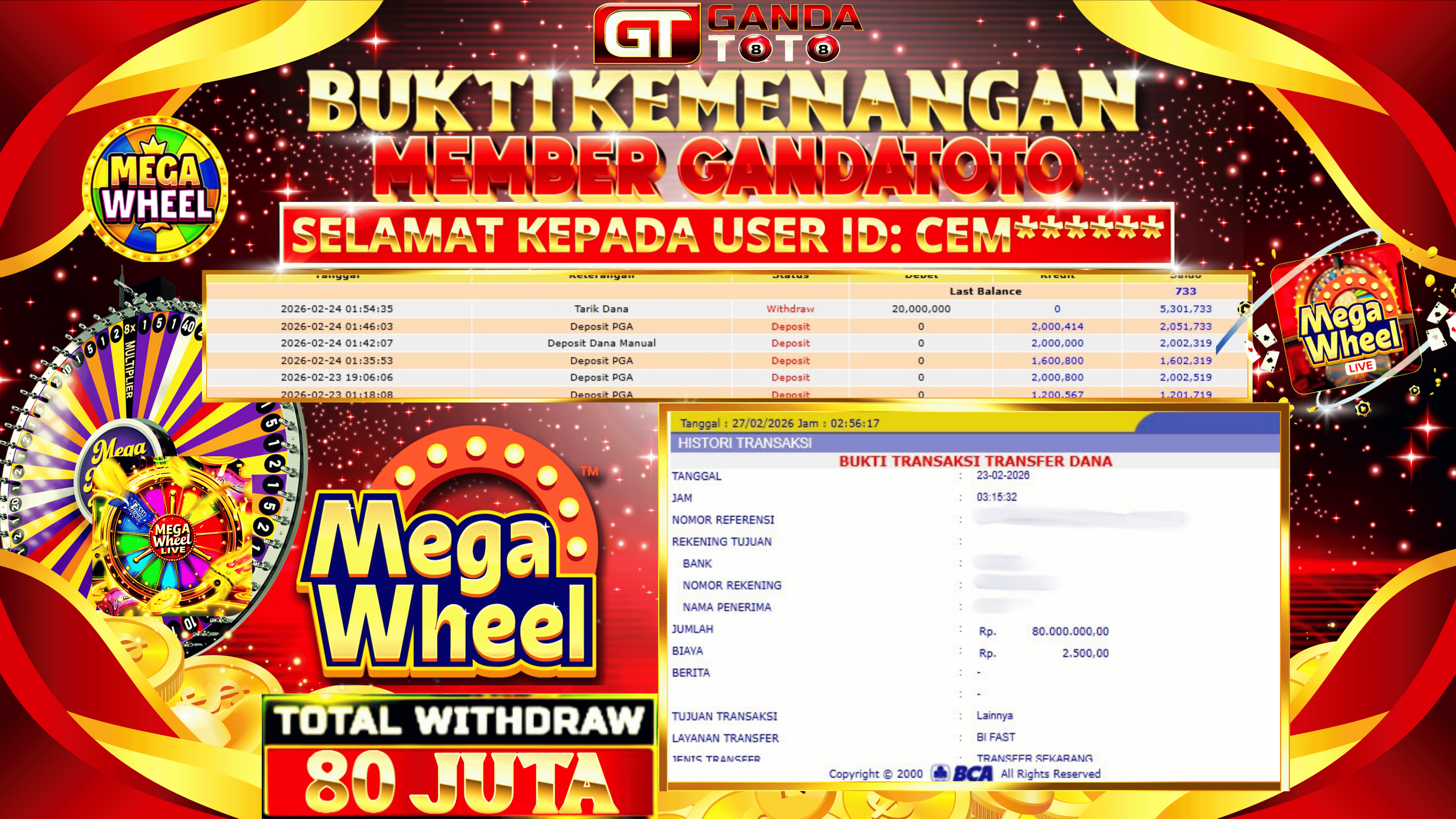 JACKPOT LIVE GAME MEGA WHEEL HINGGA 80 JUTA, 01 MARET 2026
