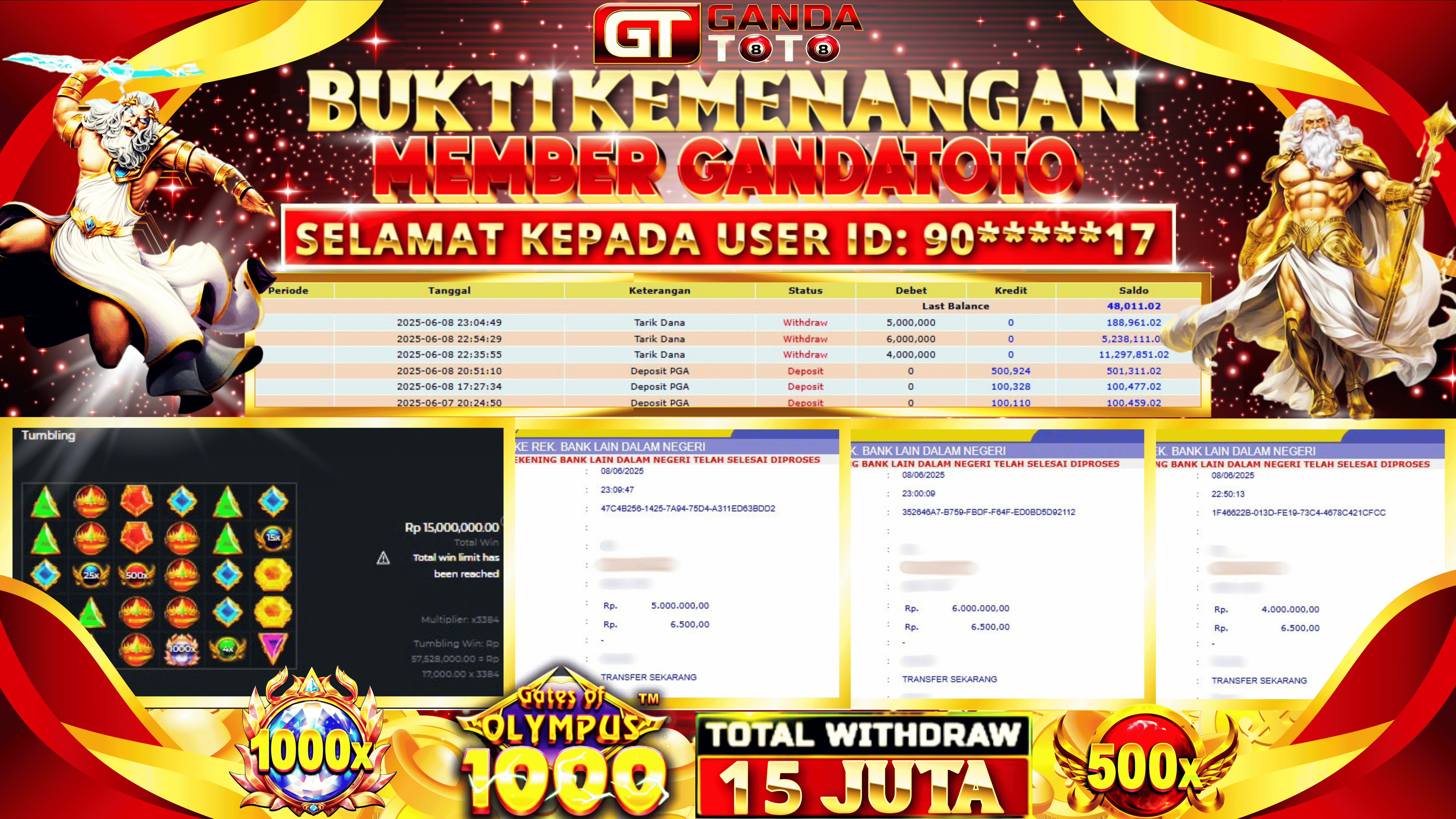 JACKPOT SLOT GATS OF OLYMPUS 1000 HINGGA 15 JUTA, 09 JUNI 2025