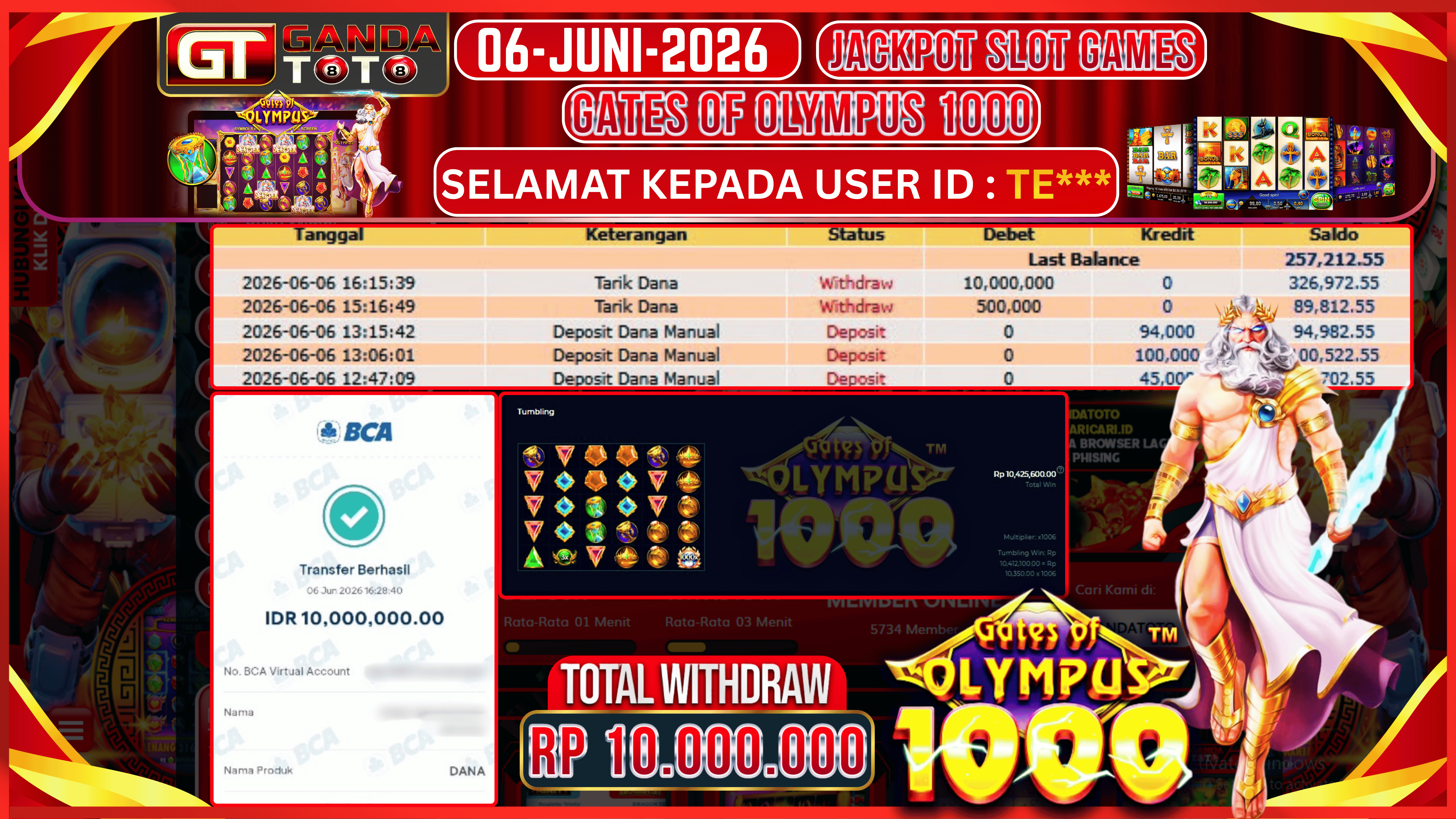 JACKPOT SLOT GATES OF OLYMPUS 1000 HINGGA 10 JUTA, 06 JULI 2026