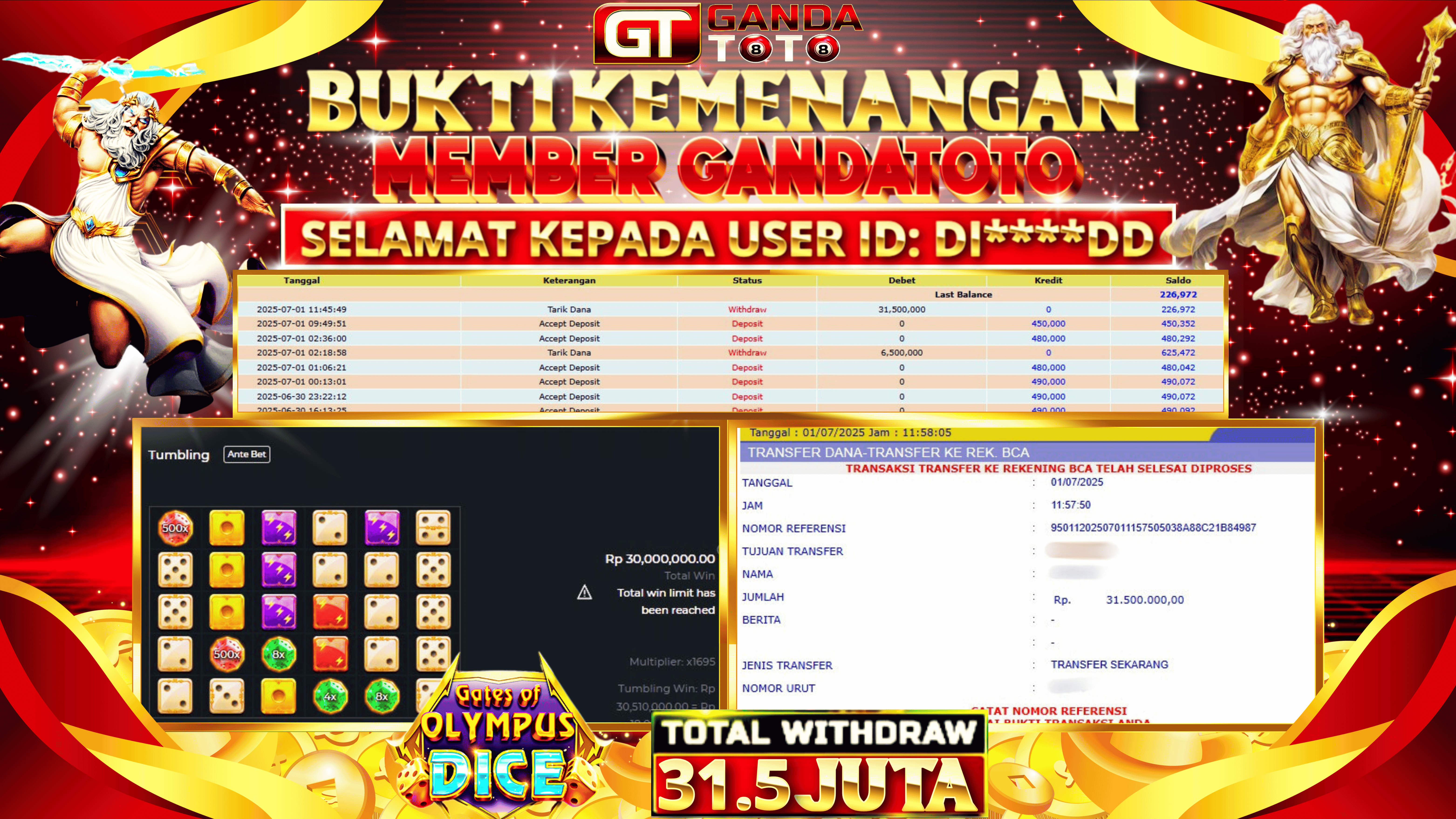 JACKPOT SLOT GATS OF OLYMPUS DICE HINGGA 31.5 JUTA, 01 JULI 2025