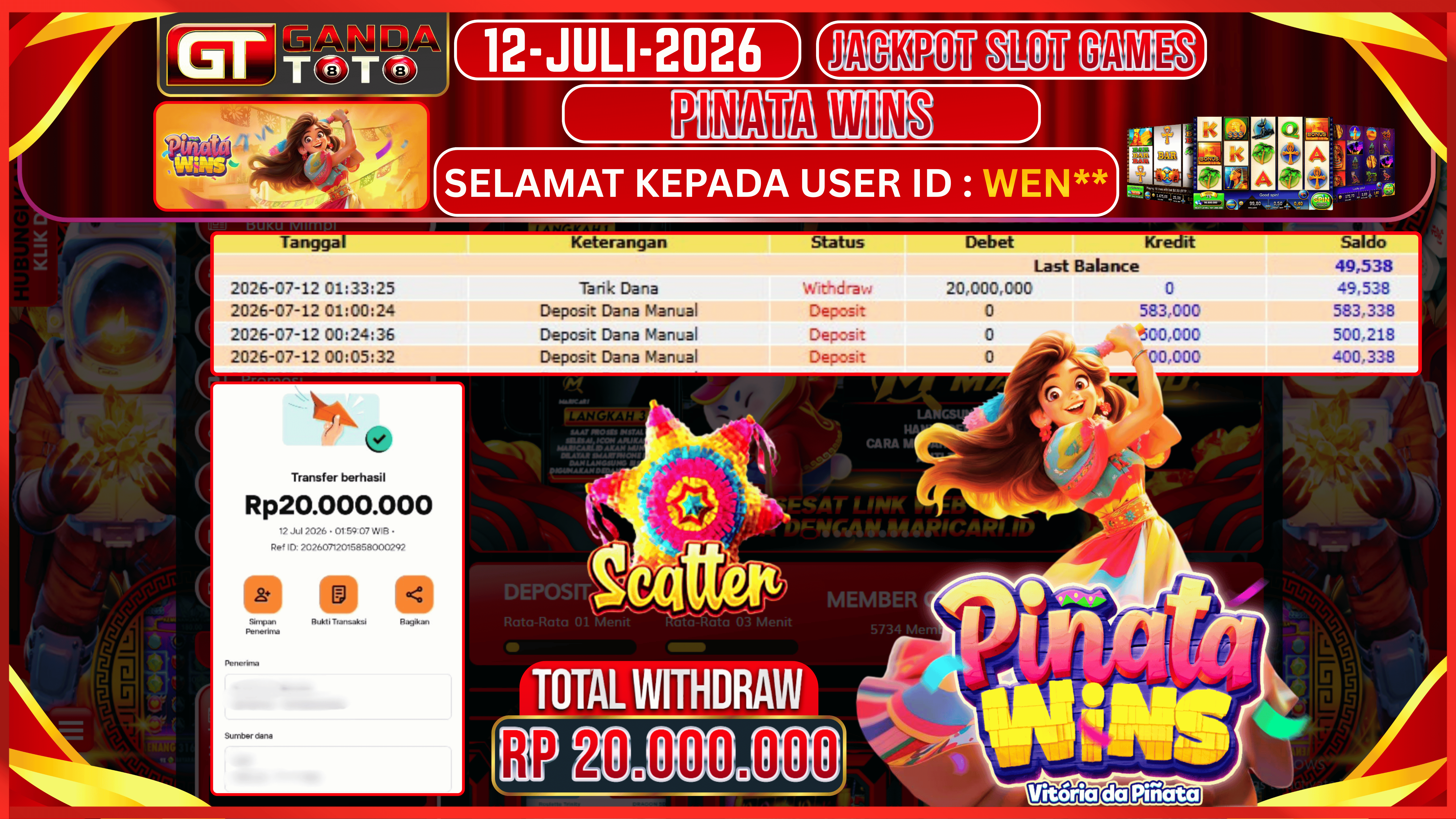 JACKPOT SLOT PINATA WINS HINGGA 20 JUTA, 12 JULI 2026