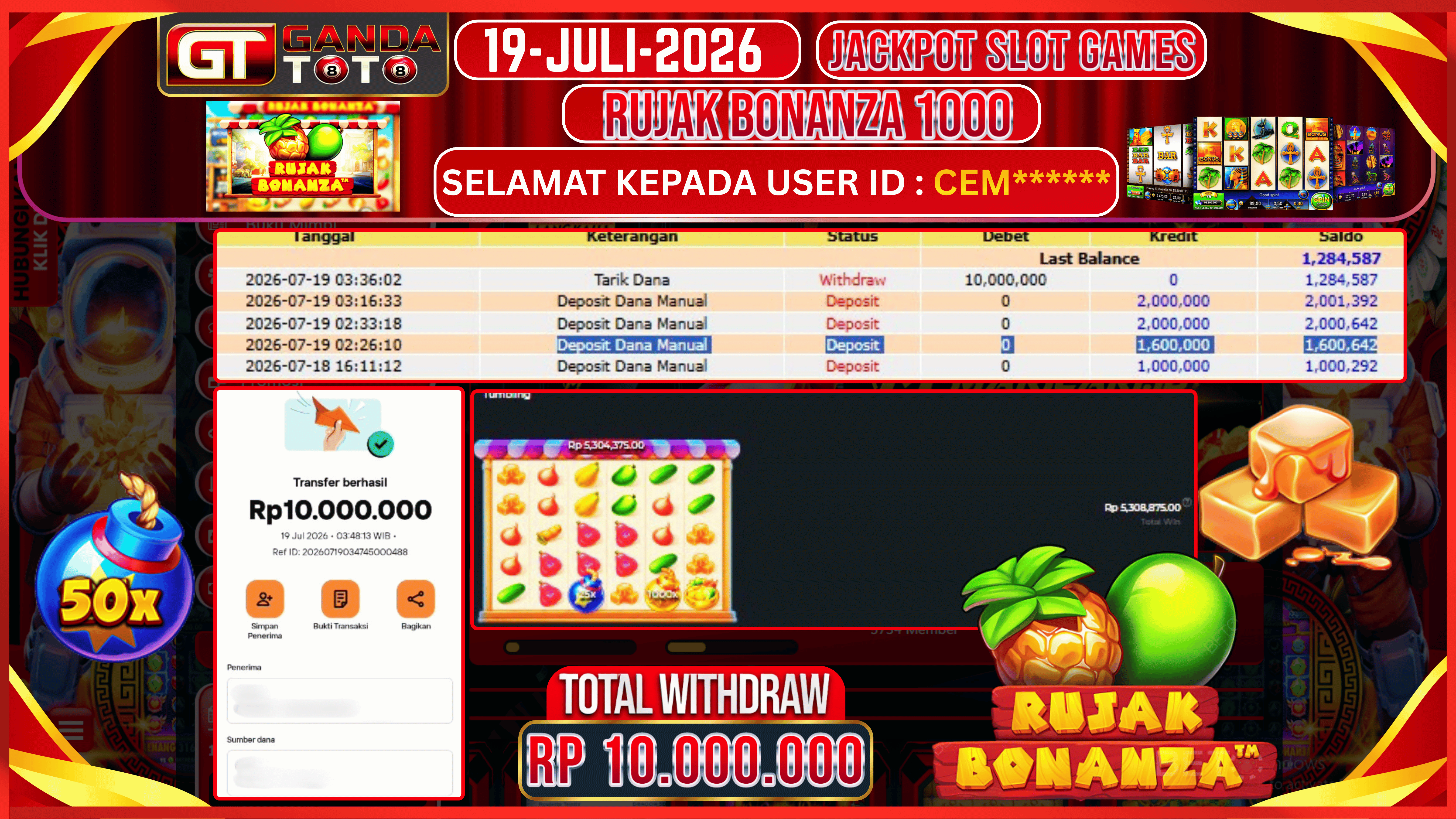 JACKPOT SLOT RUJAK BONANZA 1000 HINGGA 10 JUTA, 19 JULI 2026