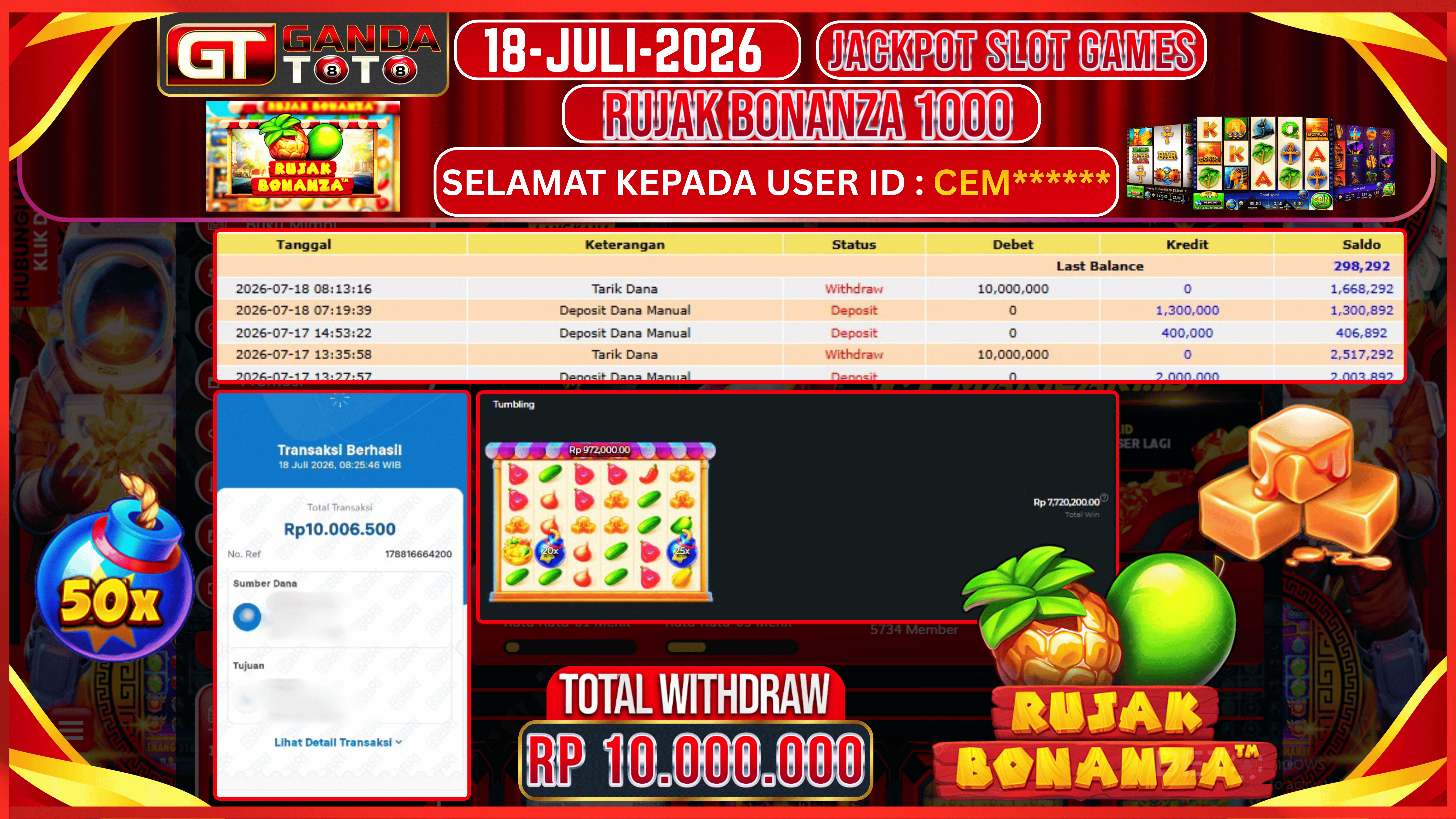 JACKPOT SLOT RUJAK BONANZA 1000 HINGGA 10 JUTA, 18 JULI 2026