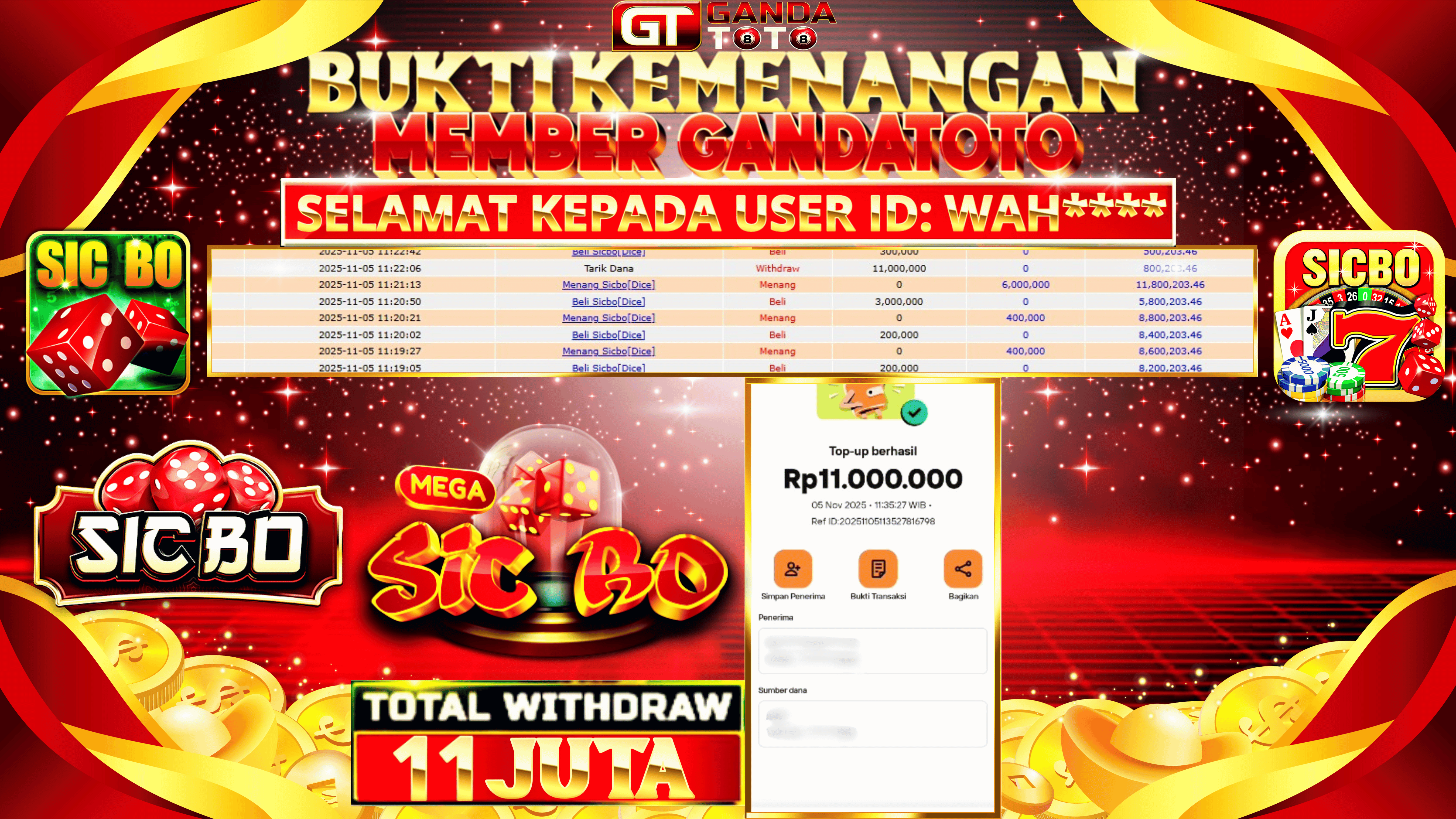 JACKPOT LIVE CASINO SICBO DICE HINGGA 11 JUTA, 05 NOVEMBER 2025