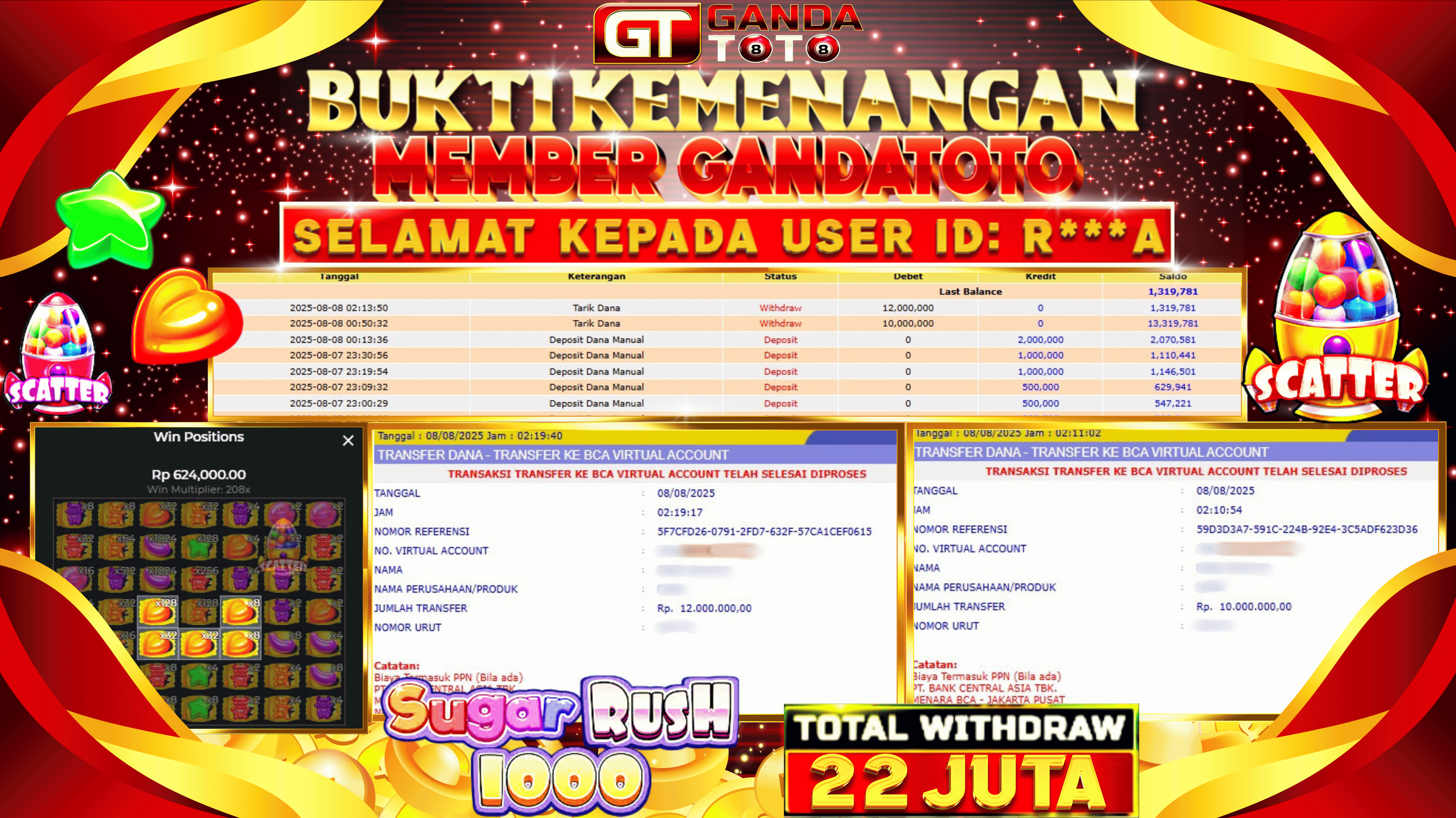 JACKPOT SLOT SUGAR RUSH 1000 HINGGA 22 JUTA,  08 AGUSTUS 2025
