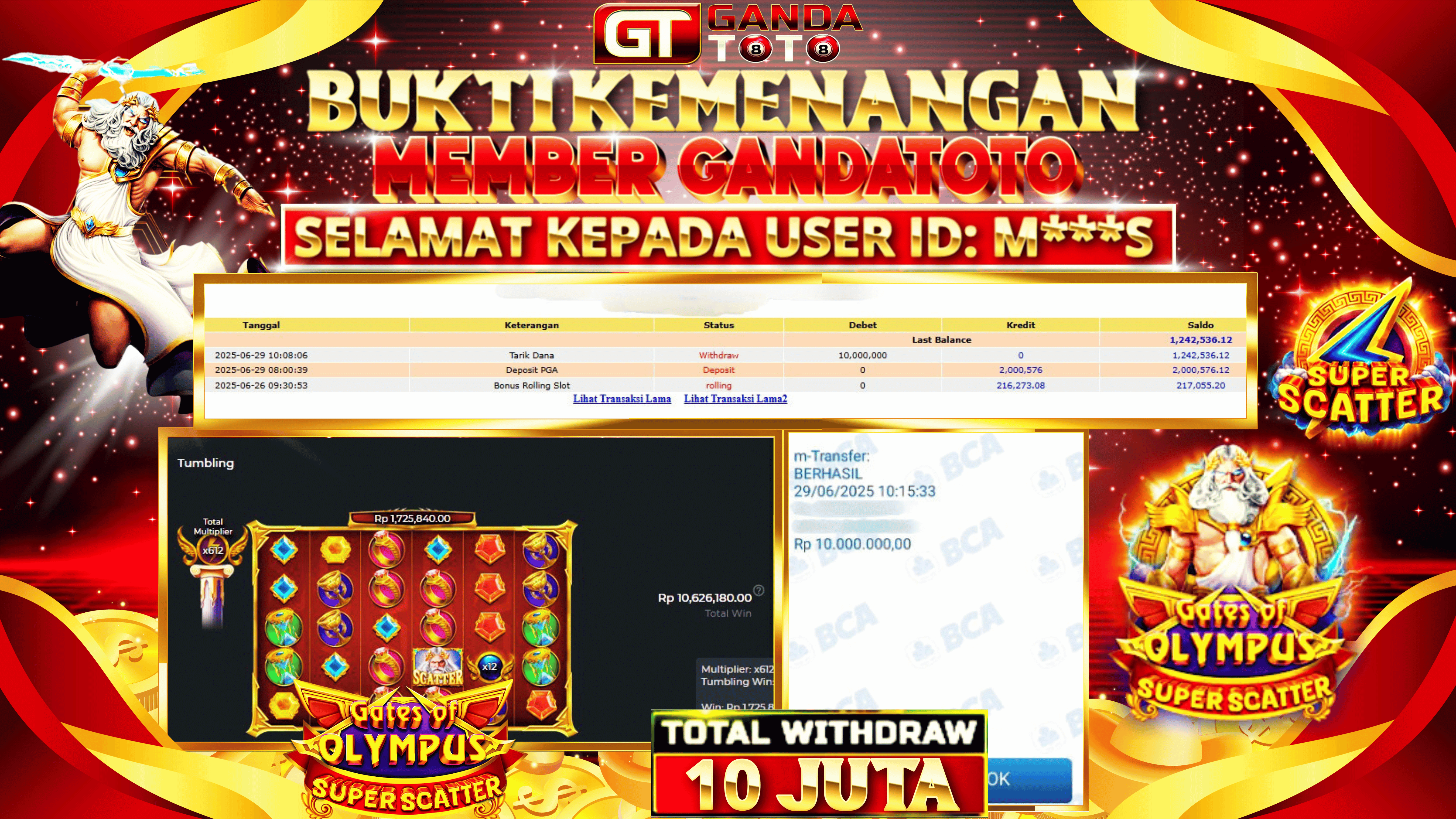 JACKPOT SLOT GATES OF OLYMPUS SUPER SCATTER HINGGA 10 JUTA, 29 JUNI 2025