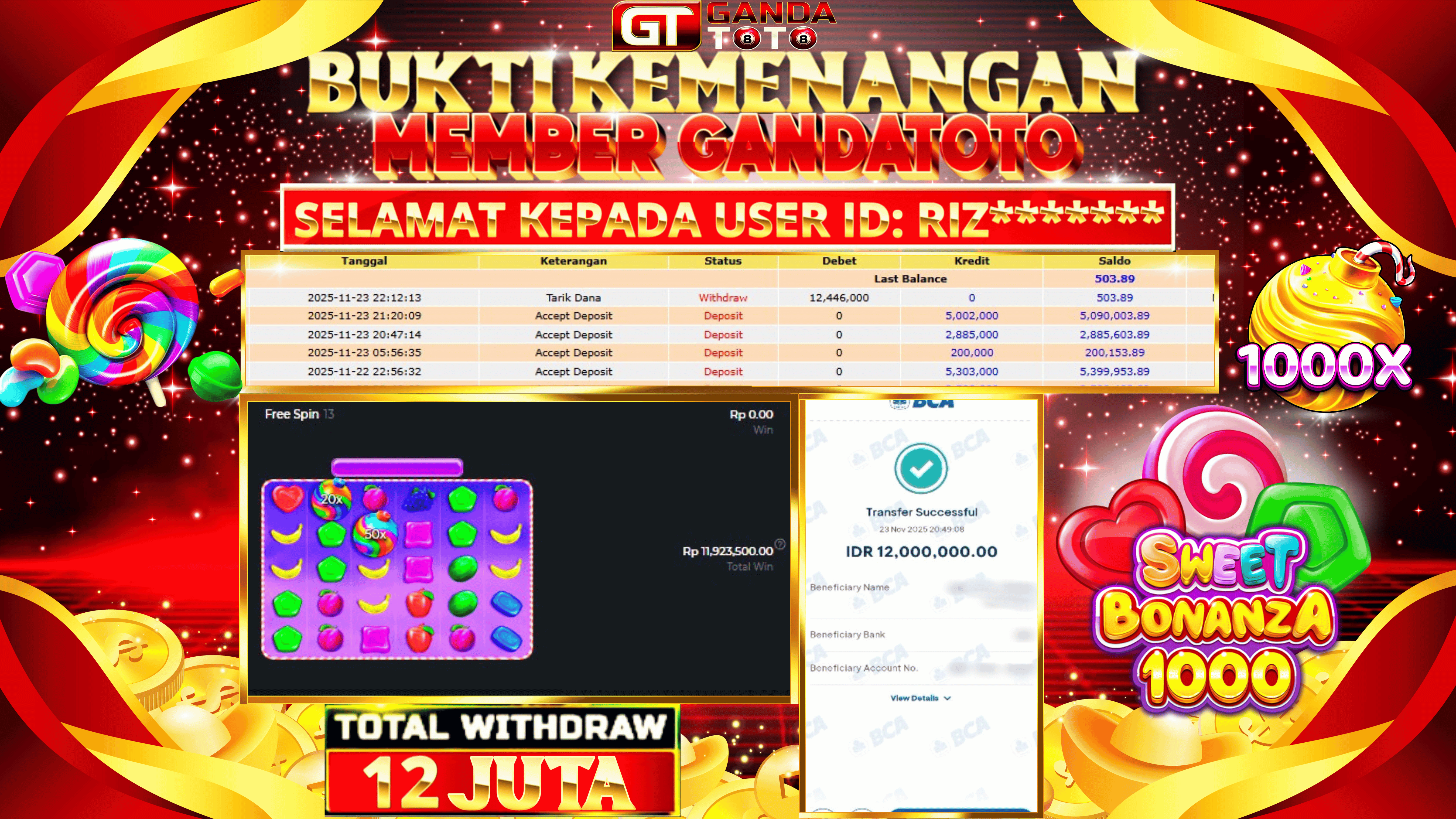 JACKPOT SLOT SWEET BONANZA 1000 HINGGA 12 JUTA, 24 NOVEMBER 2025