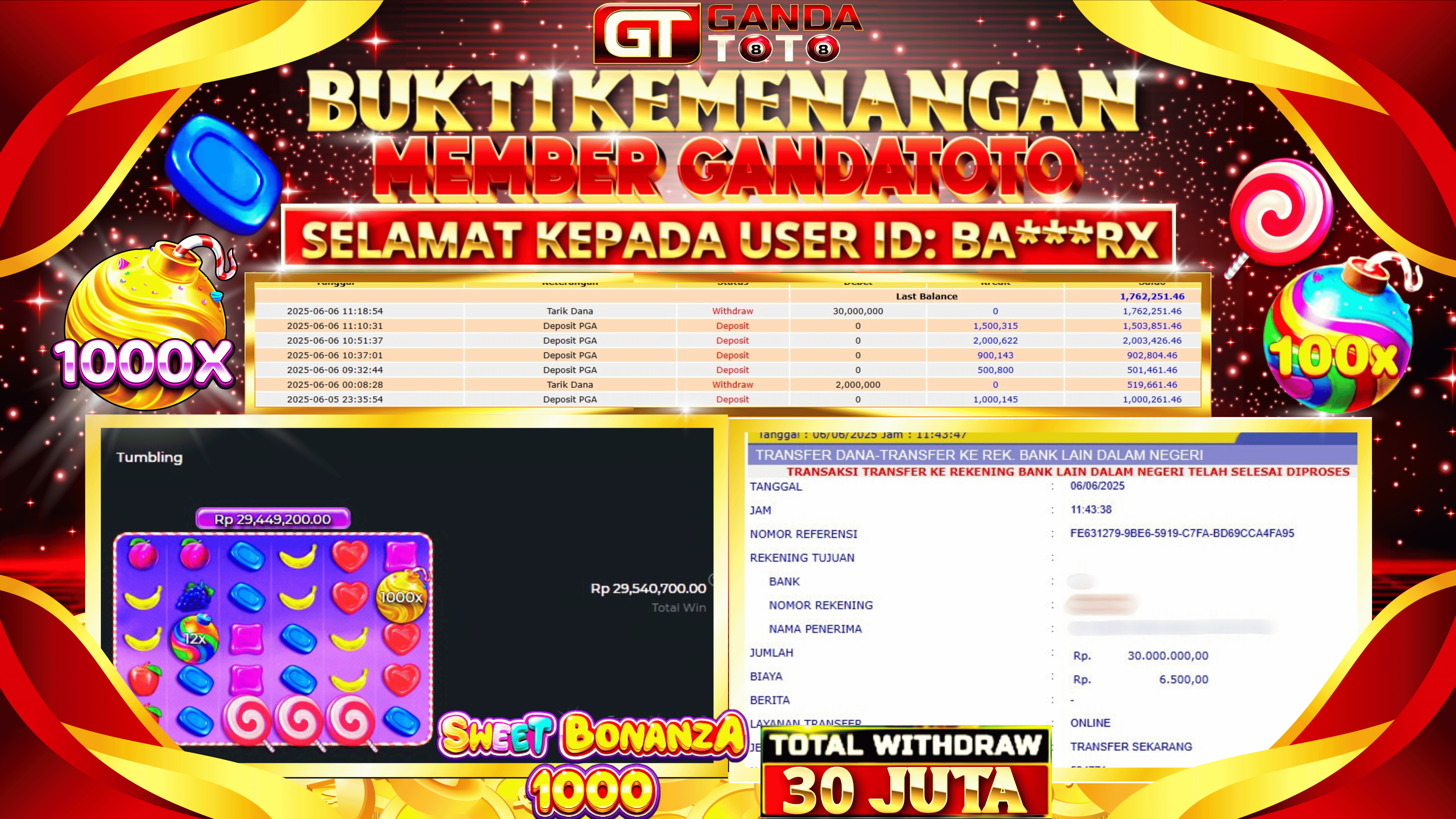 JACKPOT SLOT SWEET BONANZA 1000 HINGGA 30 JUTA,  06 JUNI 2025